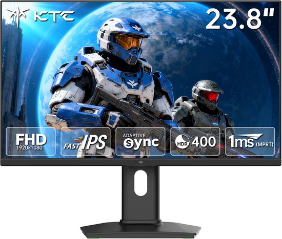 Gamingmonitor van 23,8 inch met futuristische soldaten op het scherm en specificaties zoals FHD, 1ms en HDR400.