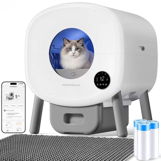 Witte Photonspace zelfreinigende kattenbak met grijze poten en lade, getoond met bijbehorende app, mat en afvalzakken.
