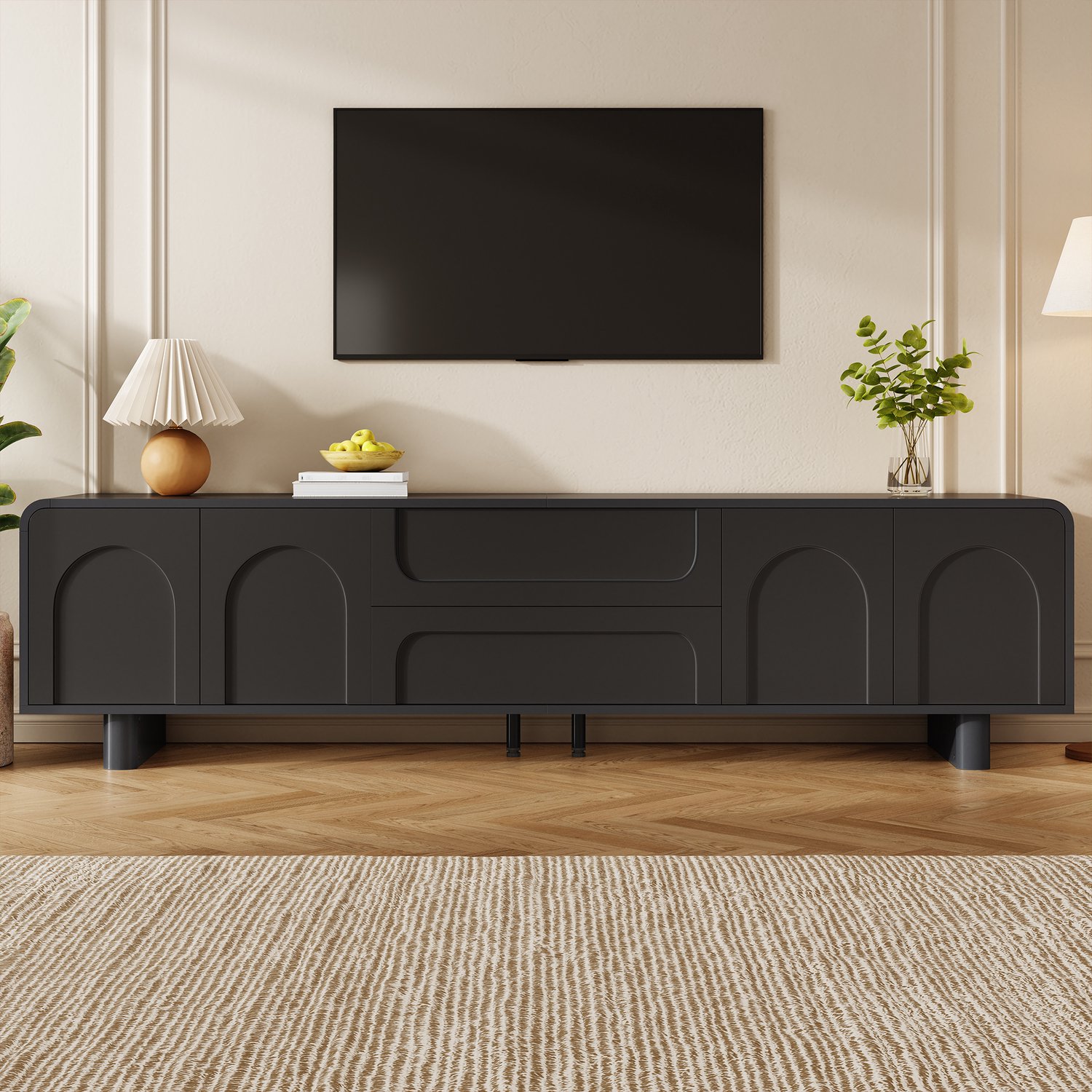 VVBV TV Meubel / TV Kast 170x40x47 cm – Opbergruimte, 5 Deuren, Tot 50 kg, Rillenstructuur – MDF – Walnoot