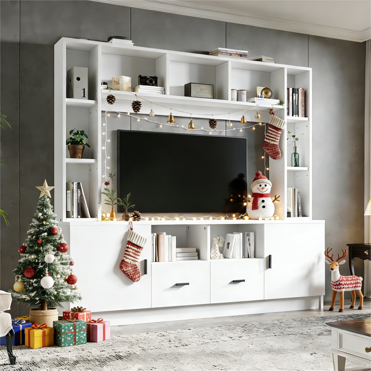 TV-meubelwand 180 cm met 2 kasten- 2 laden en 11 open vakken voor tv tot 60 inch - Wit