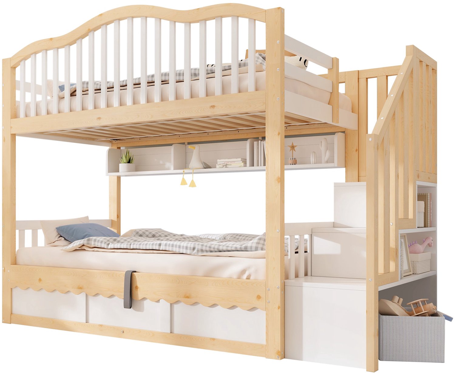 Merax Stapelbed Voor Kinderen 90 x 200 cm - Hout - Hydraulische Opbergruimte - Opbergtrap - Uitvalbeveiliging - Wit en Eikenkleurig