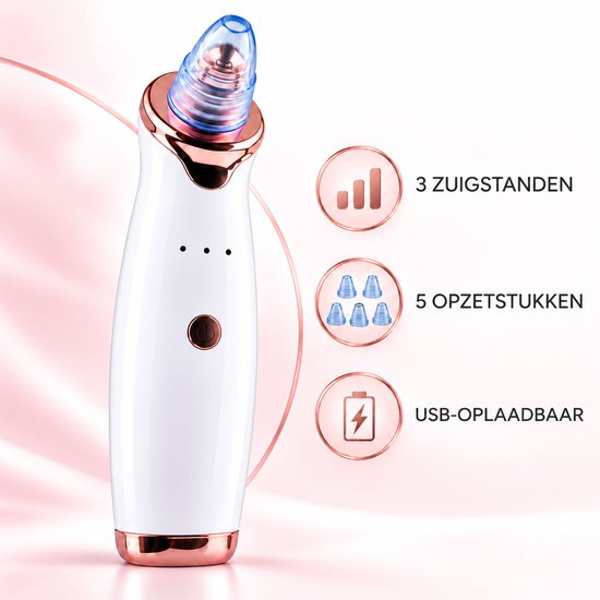 Witte poriënreiniger met roségouden details, 3 zuigstanden, 5 opzetstukken en USB-oplaadfunctie.