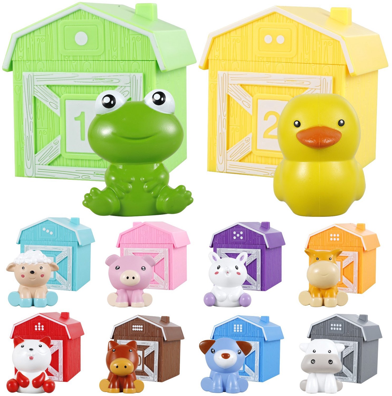 Montessori Boerderij Dieren Sorteerset ‑ 10 Dieren en 10 Huisjes ‑ Tel‑ en Matchspel ‑ Vingerpop Speelgoed‑ Educatief Speelgoed voor Baby en Peuter 1‑3 Jaar