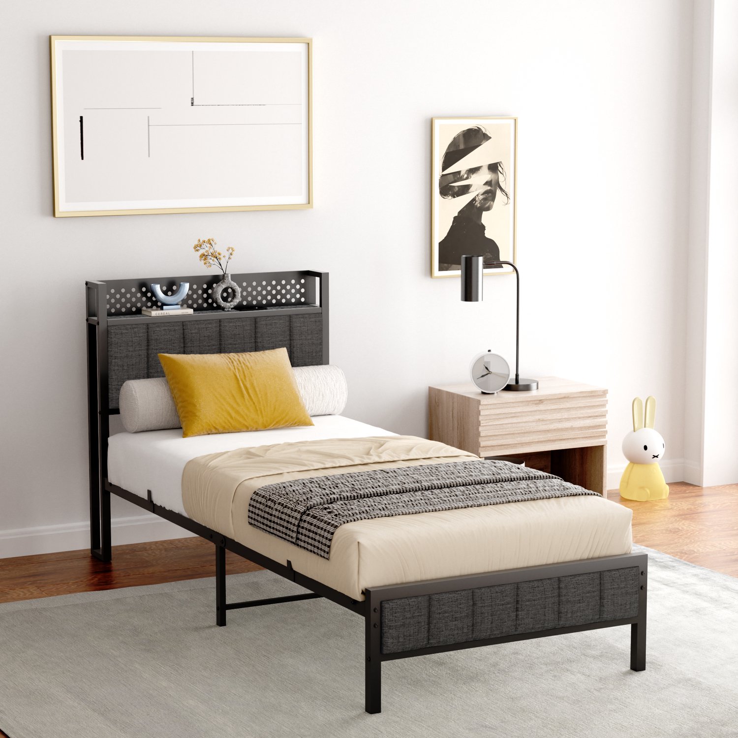 CHICFURN Eenpersoonsbed 90x200 cm - Slaapkamer - USB en oplaadpoorten - Metalen frame - Metaal en stof - Zwart