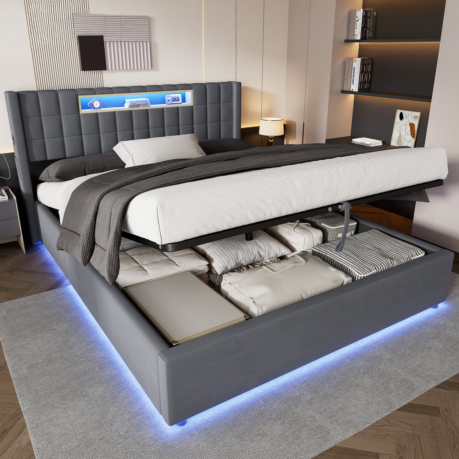 CHICFURN Tweepersoonsbed 160x200 cm - Slaapkamer - LED-verlichting en USB-C - Opbergbed - Fluweel - Donkergrijs