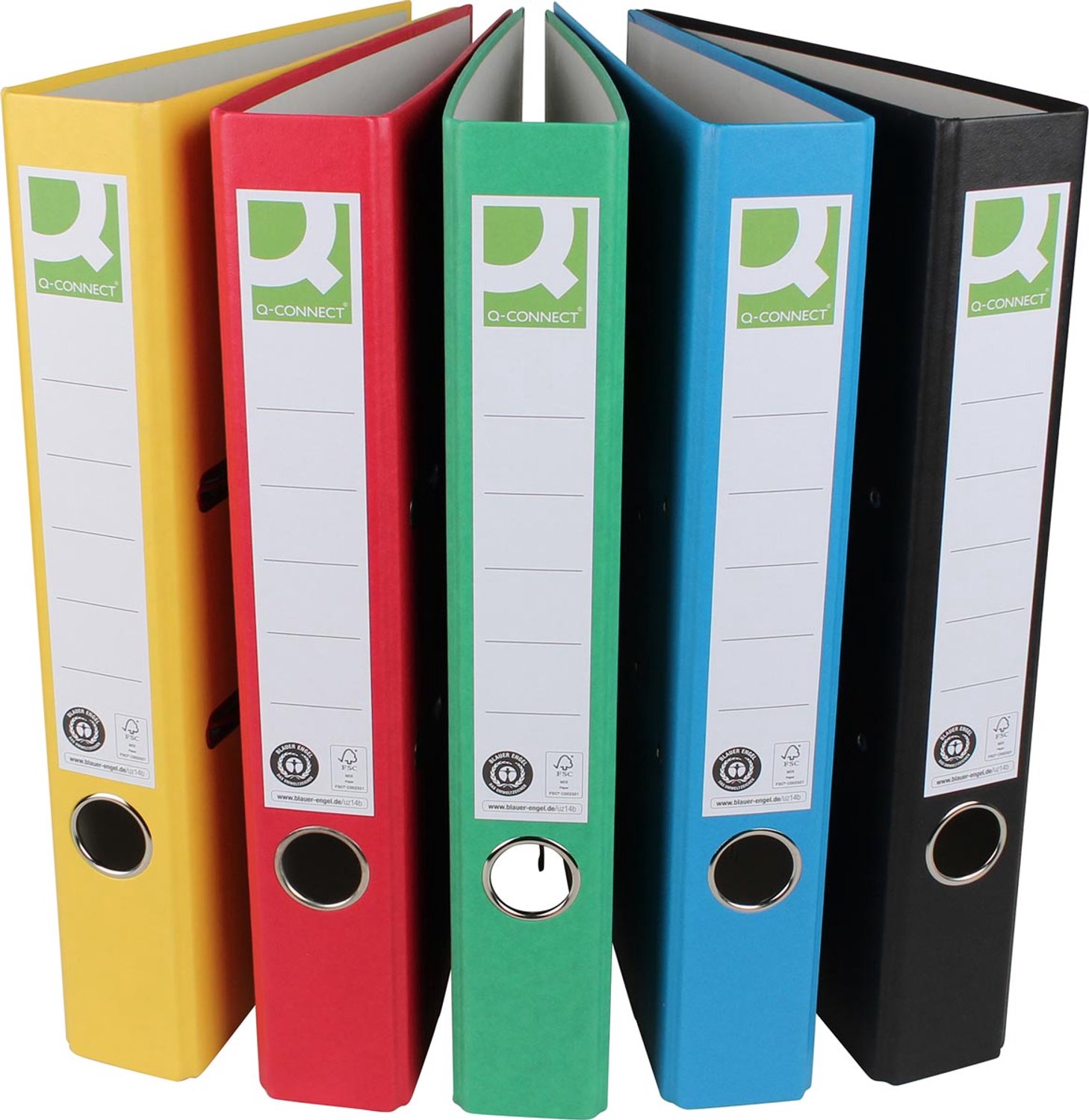 Ordner Q-Connect, A4 uit recycolor papier, rug 5 cm, geassorteerde kleuren
