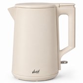 Beige waterkoker met minimalistisch ontwerp en het Vivid Green logo onderaan.