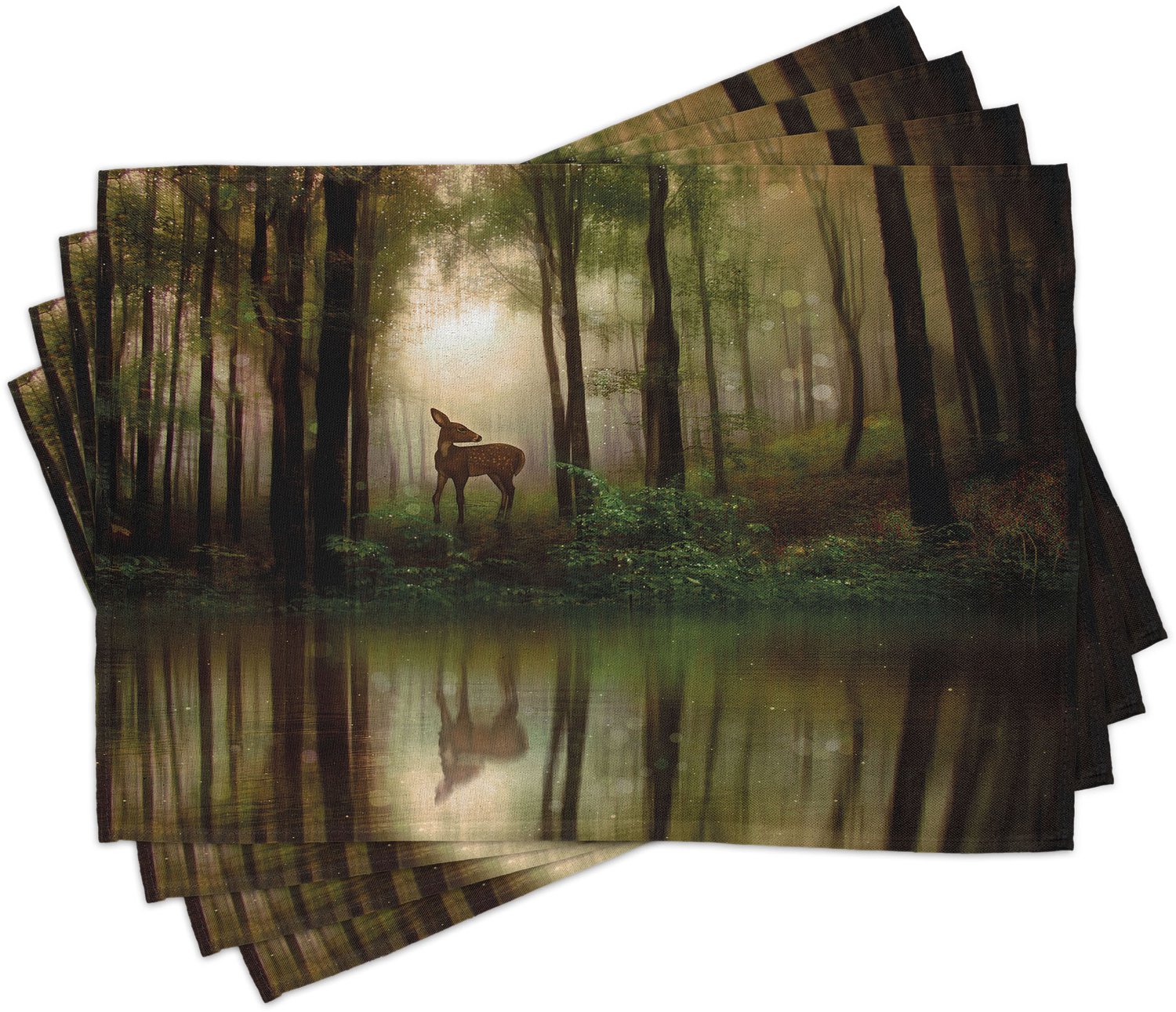 ABAKUHAUS Natuur Placemats Set van 4, Hert in de Bos Reflectie op Meer Mistig Bosland Grafisch, Wasbare Stoffen Placemats voor de Eettafel, Standaardformaat, Groen Cacao