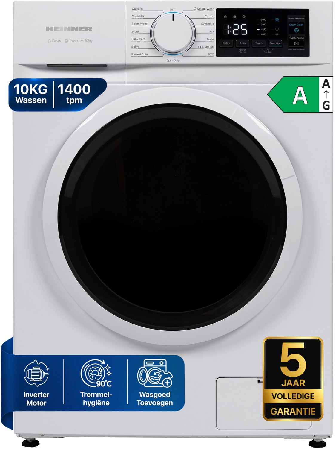 Heinner HWM-M1014IVNA+++ Wasmachine 10 kg – 1400 tpm – Inverter Motor – Energieklasse A – 15 Wasprogramma’s met Stoomfunctie en Baby Care-programma – Kinderslot – Wit – 5 Jaar Garantie
