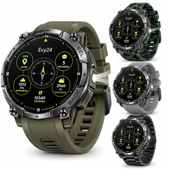 Evy24 Smartwatch Amoled GPS Pro 50mm - Sporthorloge Heren & Dames - Zelfstandige GPS/GNSS - Waterdicht - Belfunctie - Zaklamp - Kompas - Hoogtemeter - Barometer - 100+ Sportmodi - Outdoor - Groen