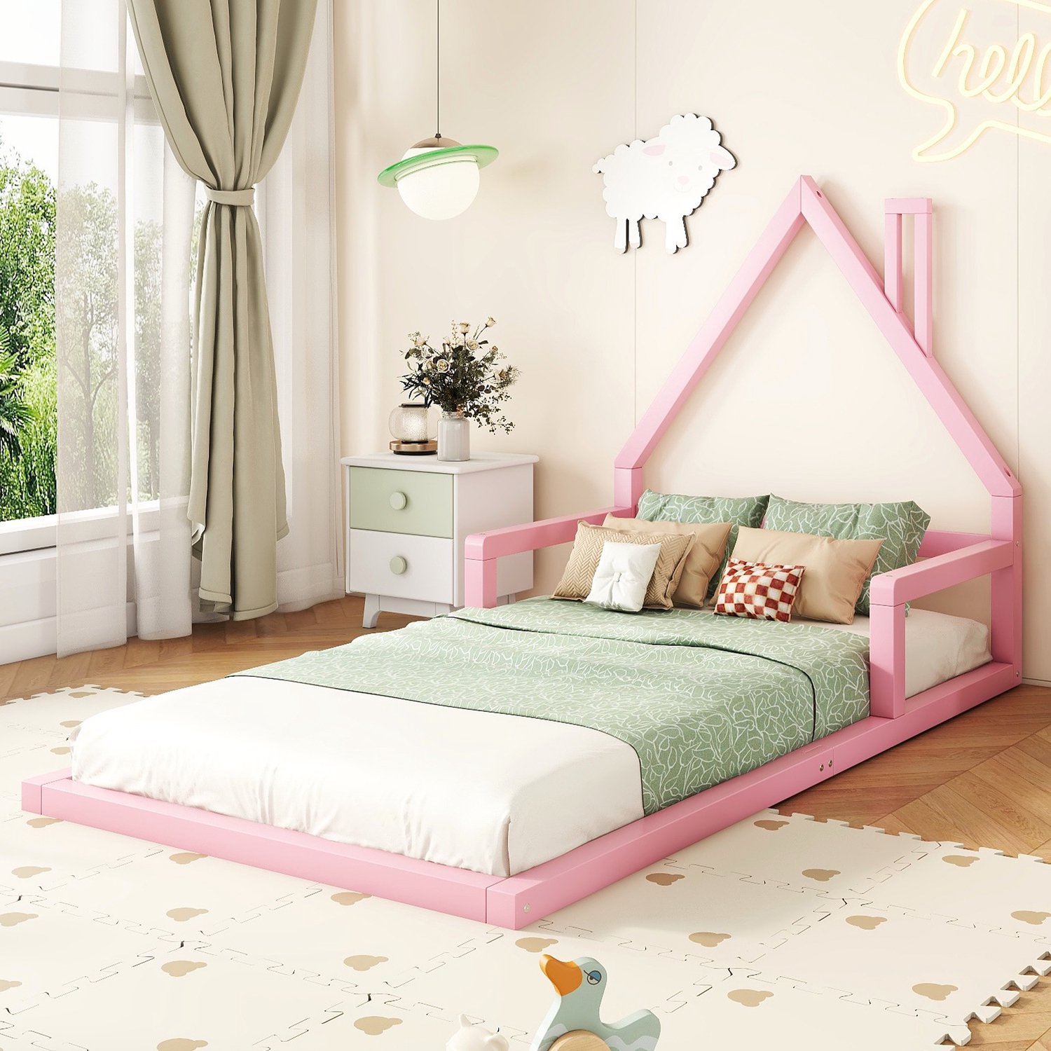 Roze Kinderbed 90 x 200 cm - Huisbed - Lattenbodem - Hout en MDF