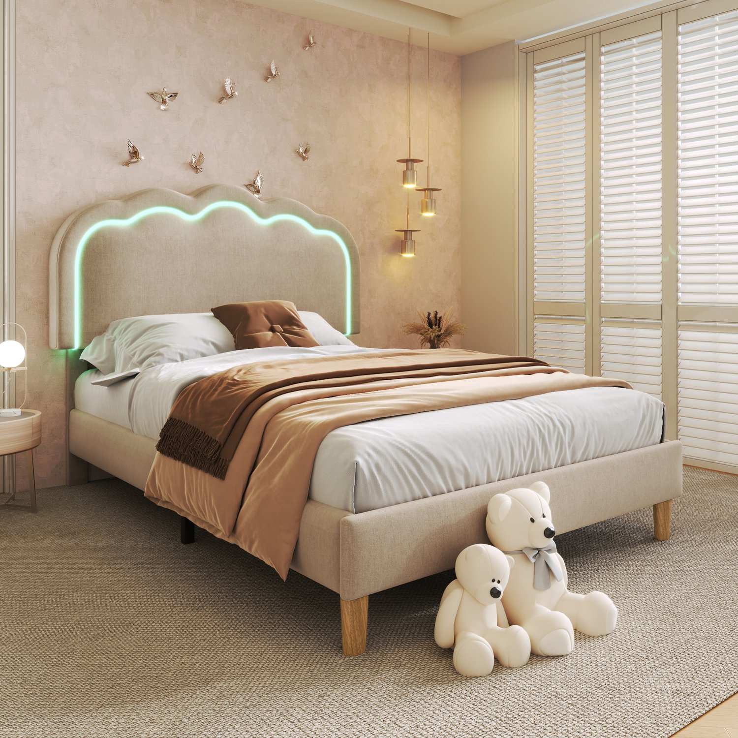 Gestoffeerd eenpersoonsbed 90 x 200 cm - LED-hoofdbord - beige