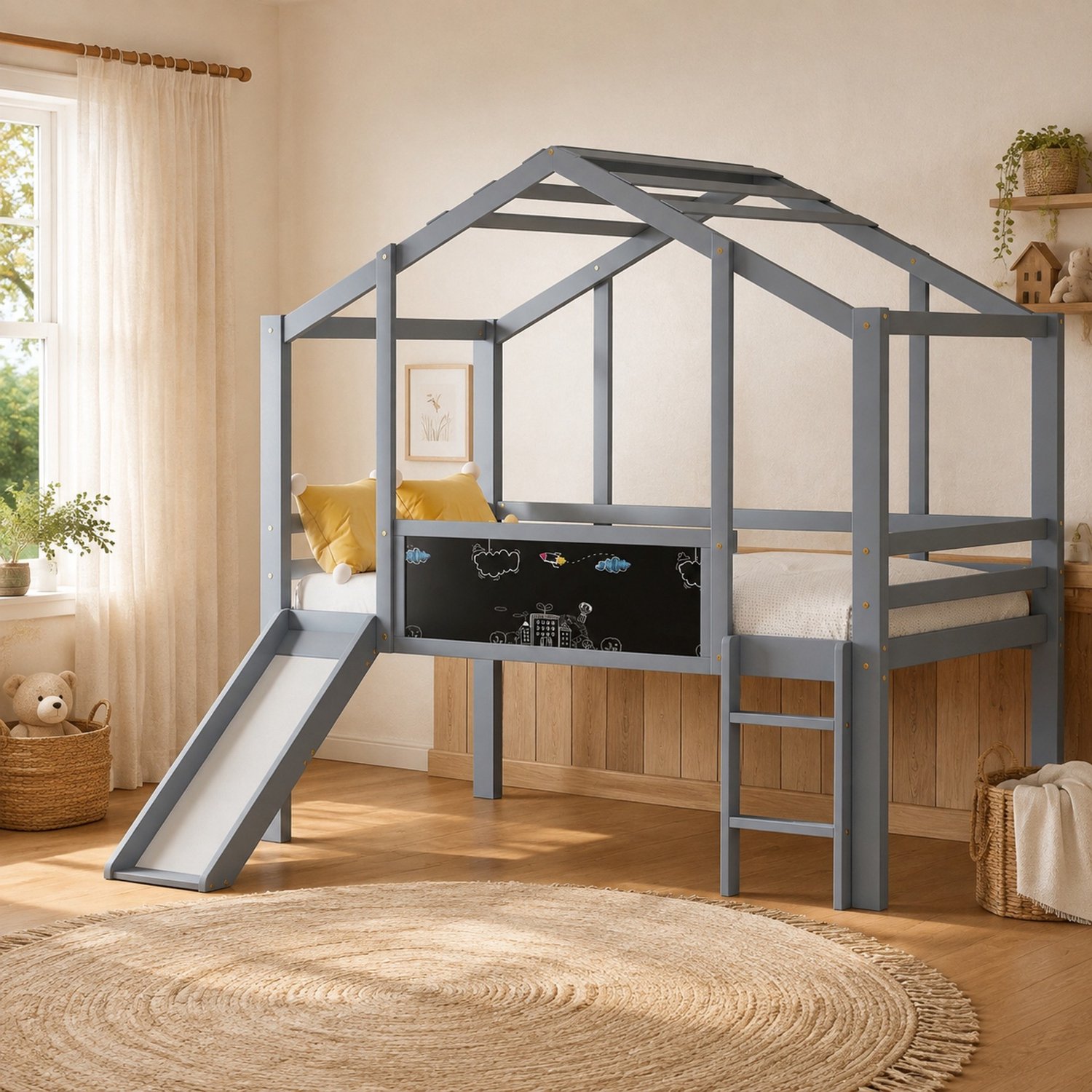 Maisentiel Kinderhoogslaper 90 x 200 cm met glijbaan, ladder en krijtbord - hout - grijs