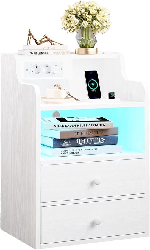 Nachtkastje led met stopcontact en oplaadfunctie, bijzettafel hout, nachtkastje met 2 AC, 1 USB & 1 Type-C aansluitingen, salontafel met 2 laden, nachtkastje voor woonkamer, slaapkamer, wit - HK-NT-16