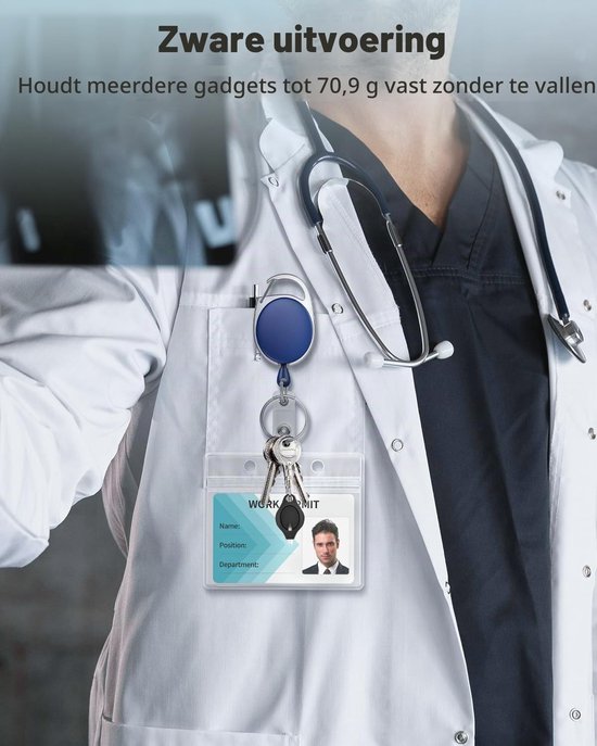 Set van 10 Uittrekbare Badge Reel voor Badgehouder, Duurzame Sleutelhanger met RVS Veer, 60cm Nylon Touw en Carabiner Clip — afbeelding 3