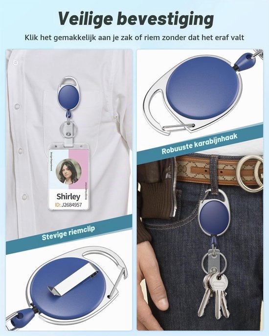 Set van 10 Uittrekbare Badge Reel voor Badgehouder, Duurzame Sleutelhanger met RVS Veer, 60cm Nylon Touw en Carabiner Clip — afbeelding 4
