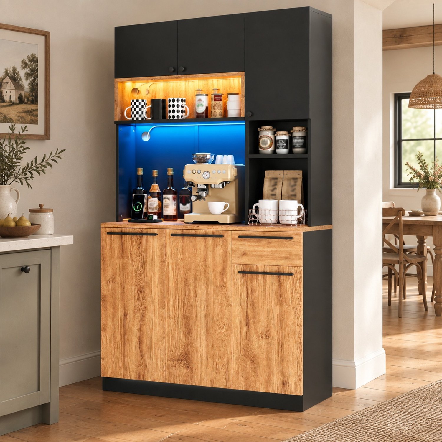 HAUSS SPOLE Keukenkast - Ledverlichting En Stopcontacten - 6 Deuren En 1 Lade Voor Keuken En Eetkamer - Mdf - 100x40x180 Cm - Natuurlijk En Zwart Zwart met houtkleurige accenten