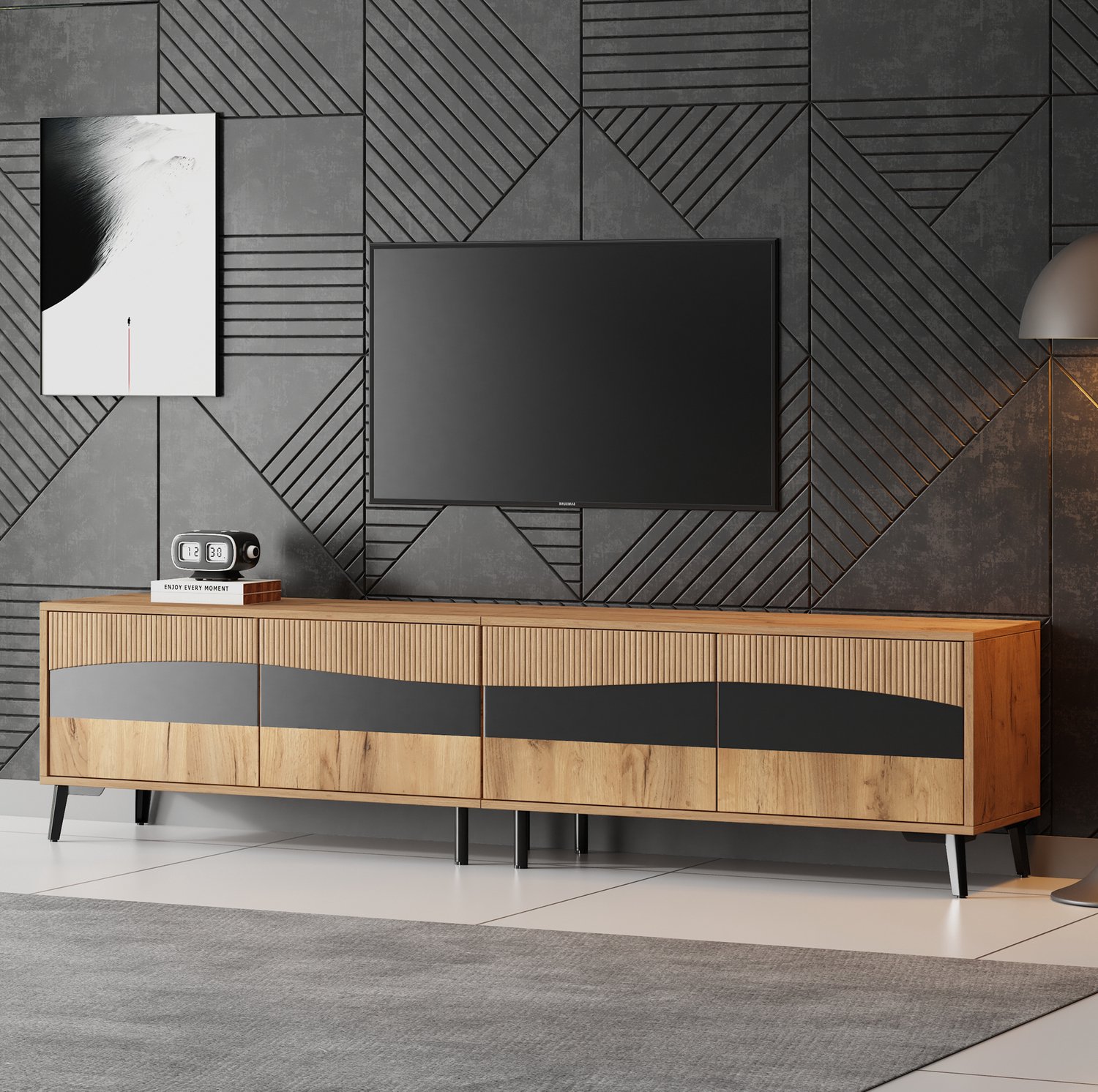 Maisentiel Tv-meubel 180 x 40 x 50 cm - 4 deuren - naturel en zwart - spaanplaat Licht houtkleurig