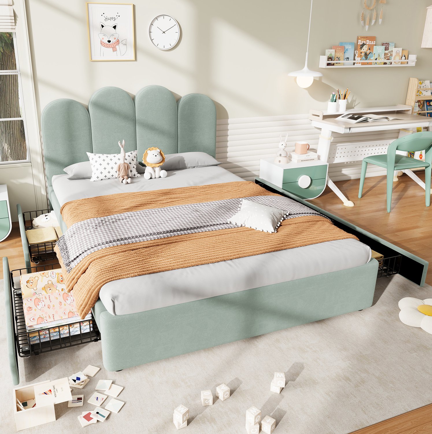 MODFU Gestoffeerd Bed - 4 Lades - Gebogen Hoofdbord - Fluweel - Lichtgroen - 140 x 200 cm