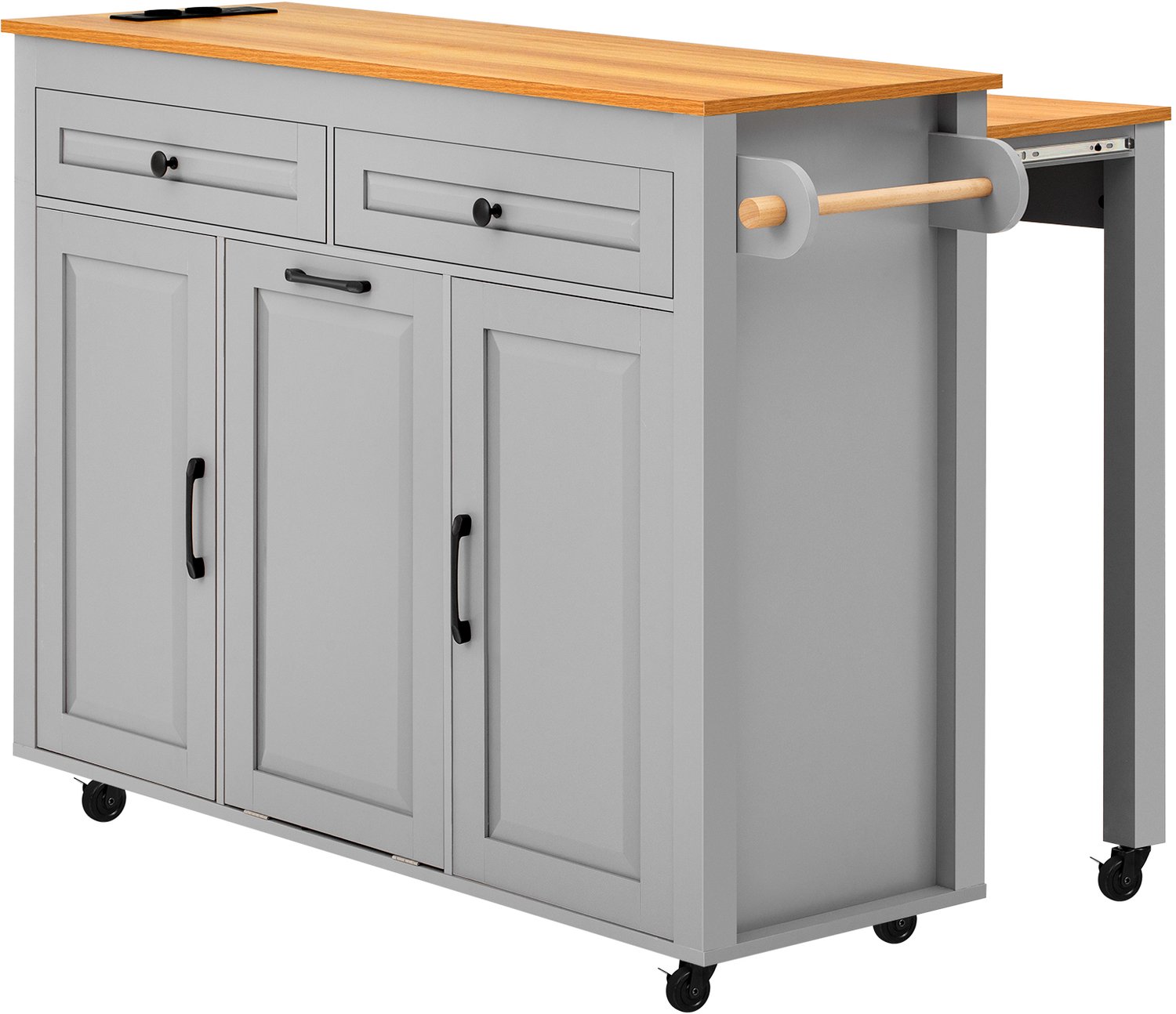 MUVANO Keukeneiland op wielen - Uitschuifbaar werkblad - MDF - Met stopcontacten en afvalbakvak - 120 x 40–75 x 92 cm - Voor keuken en eetkamer - Grijs