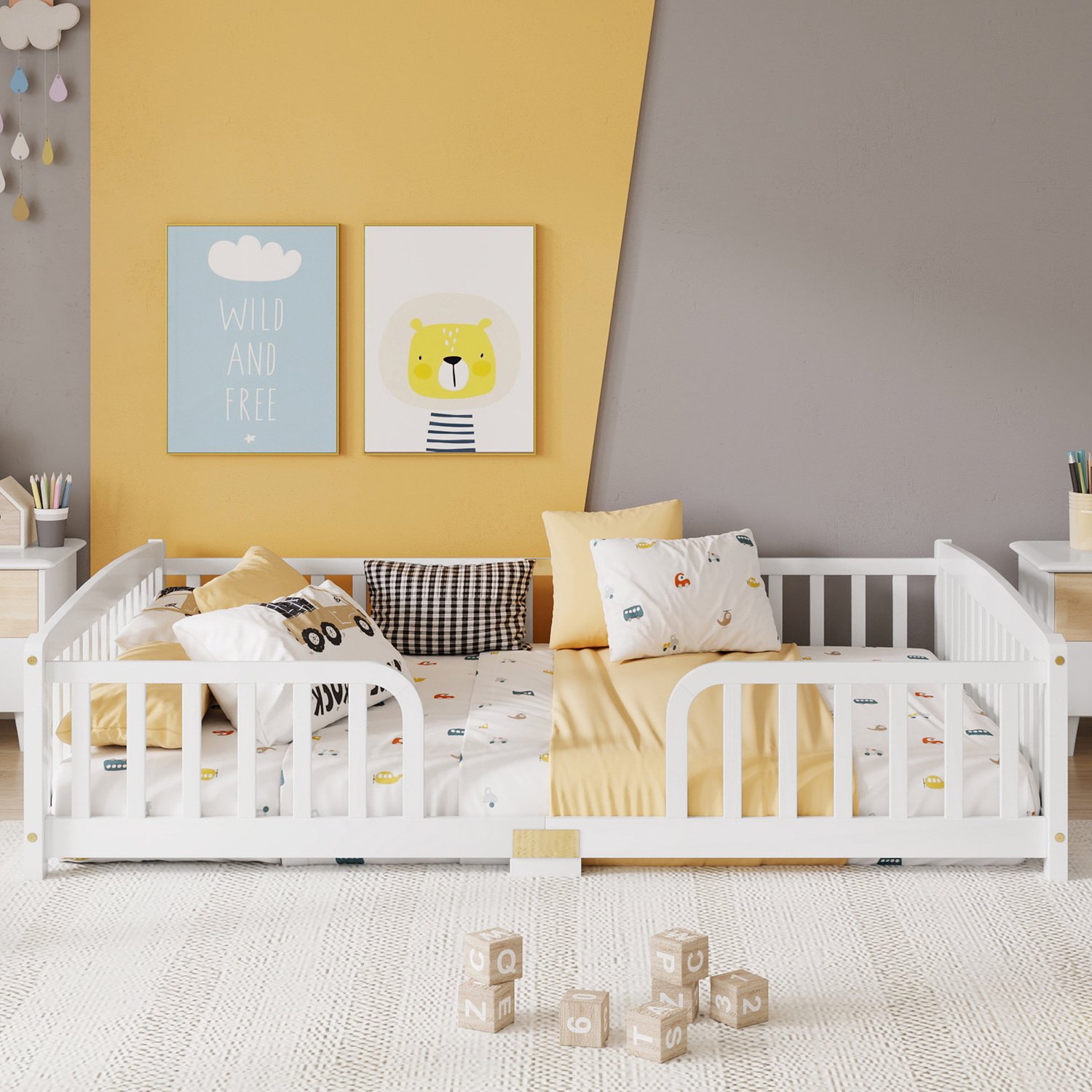 Merax Bodemvrij bed 140x200 cm - met veiligheidsranden - centrale ingang - grenenhout - wit