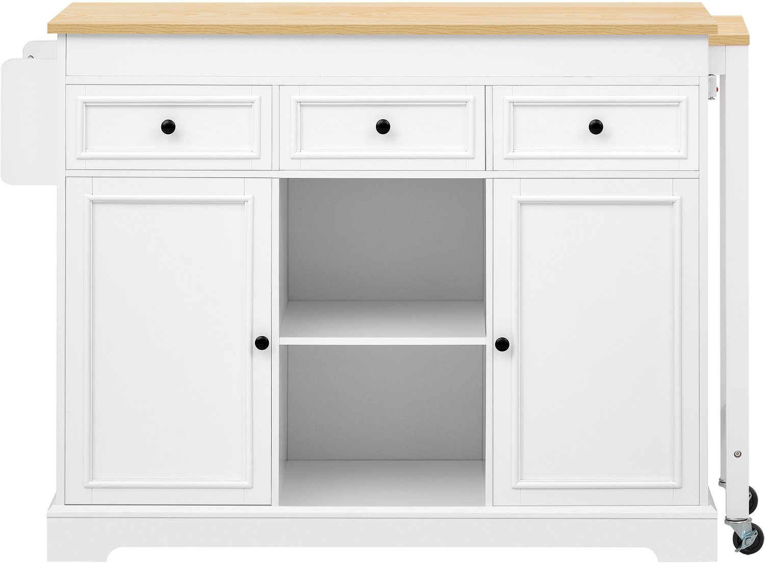 MUVANO Keukeneiland op wielen - Uitschuifbaar werkblad - Drie lades en kruidenrek - MDF en spaanplaat - 92 cm hoog - Voor keuken en eetkamer - Wit/naturel Grijs