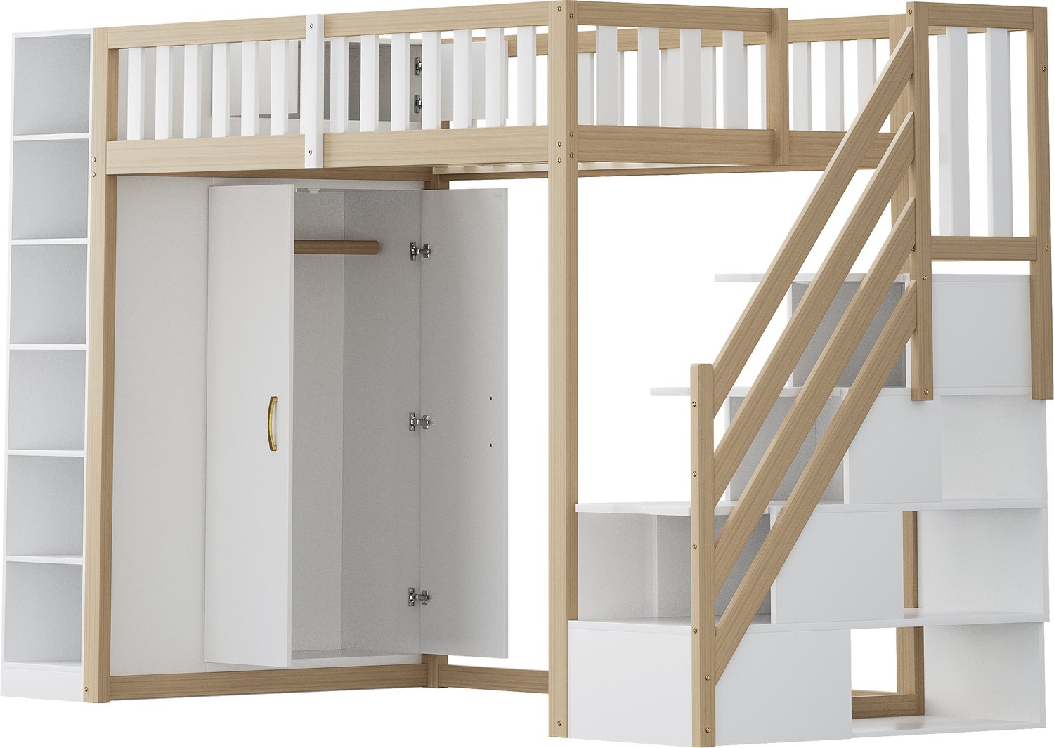 MUVANO Hoogslaper 90x200 cm - Kinderbed met ingebouwde kledingkast en opbergtrap - Hout met lattenbodem en opbergkastjes - Voor de kinderkamer wit