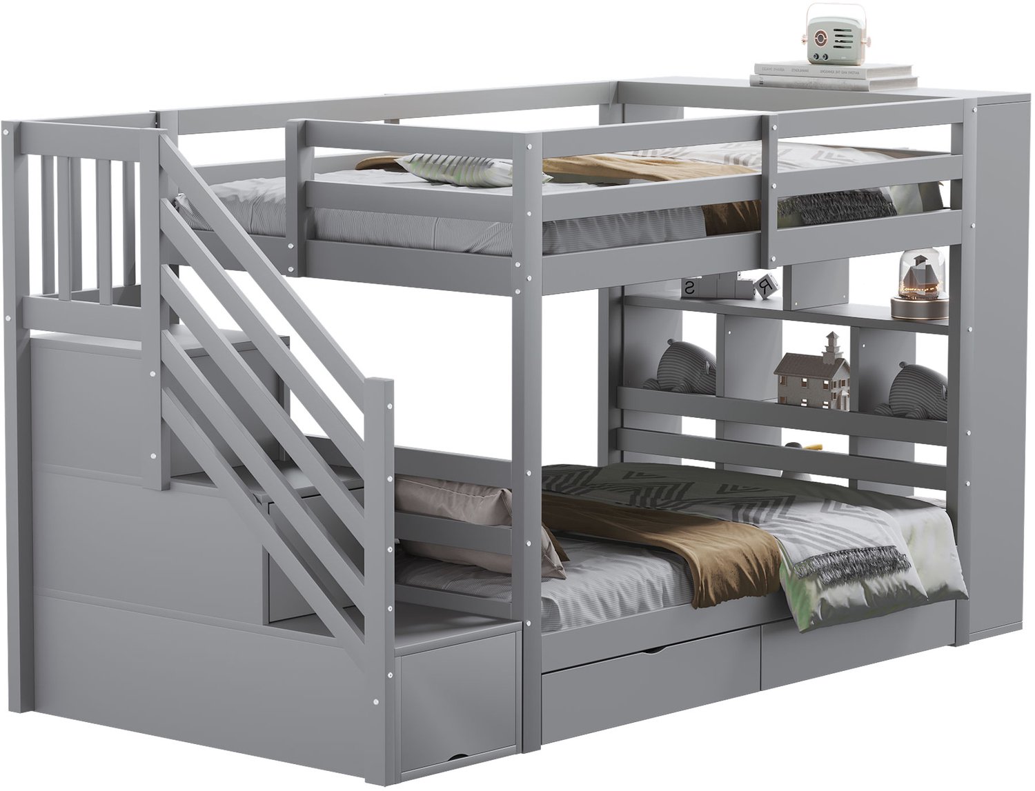 MUVANO Stapelbed 90 x 200 cm - Grenenhout - Trap met opbergvakken, twee lades en opbergkast - Lattenbodem en hoge uitvalbeveiliging - Kinderkamer grijs