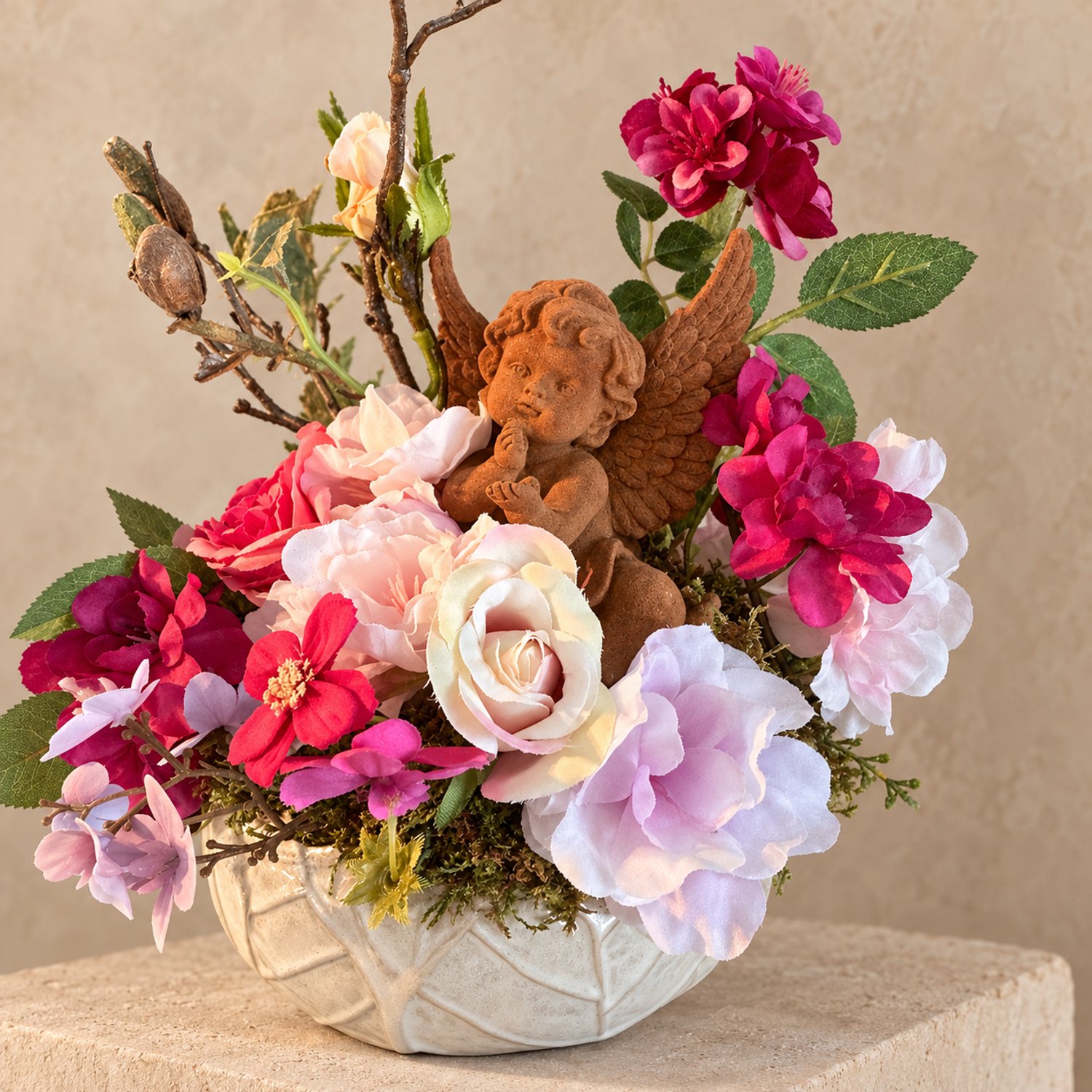 Seta Fiori Grafstuk Kunstbloemen Rood Roze 28 cm – Engel - Parelmoer schaal – Seta Fiori donker roze, parelmoer