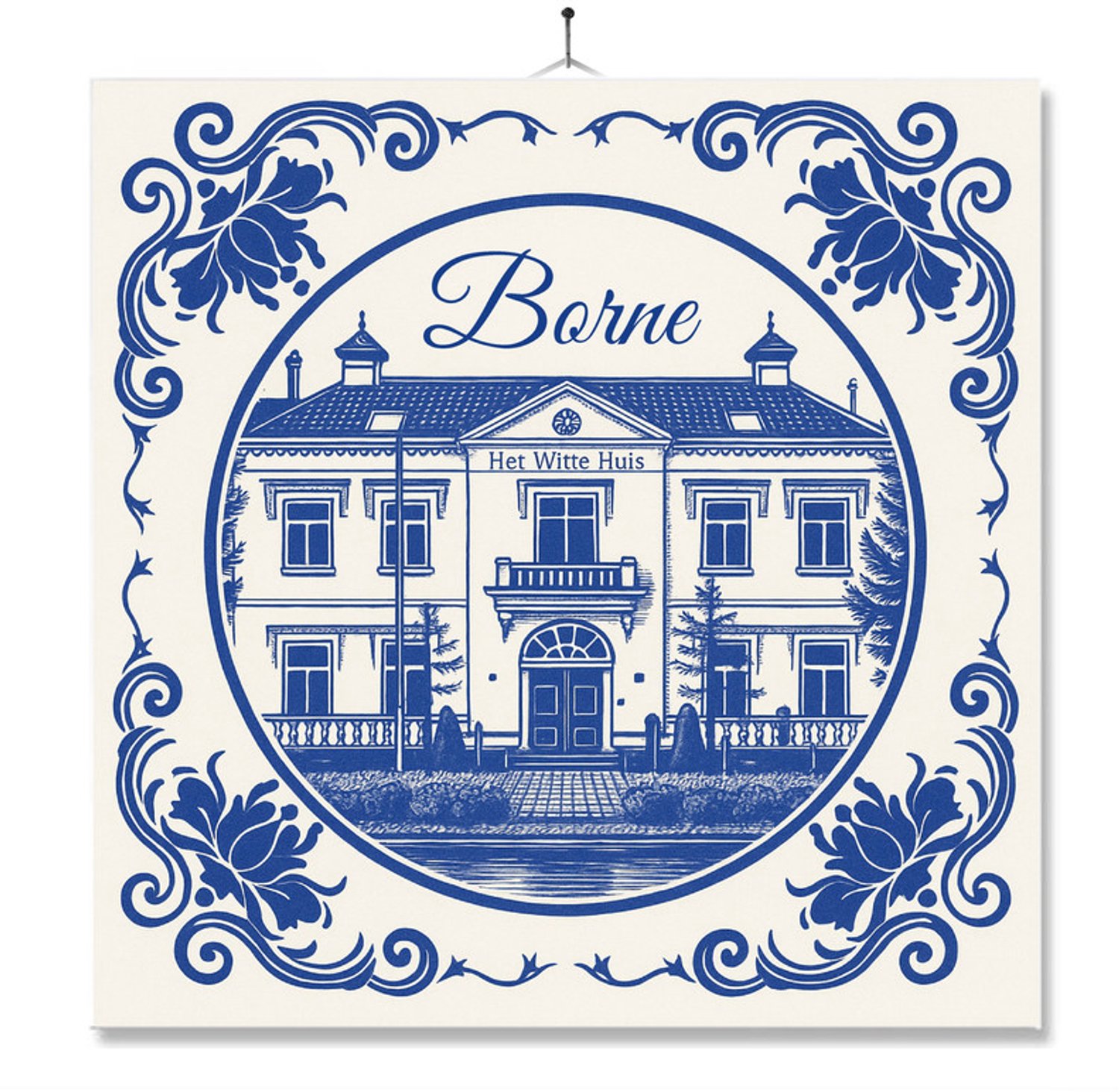 MC Living Tegel Met Opdruk | Borne | Delft Blauw | Cadeau | Inclusief Geschenkdoos | Standaard | Ophangsysteem