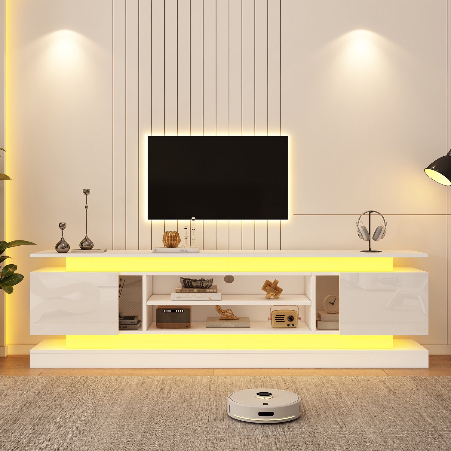 VVBV Tv-meubel 180x35x60 cm - Wit Hoogglans - Dressoir voor TV tot 75 Inch - Push-to-Open met Acryl Deuren en RGB LED-Verlichting