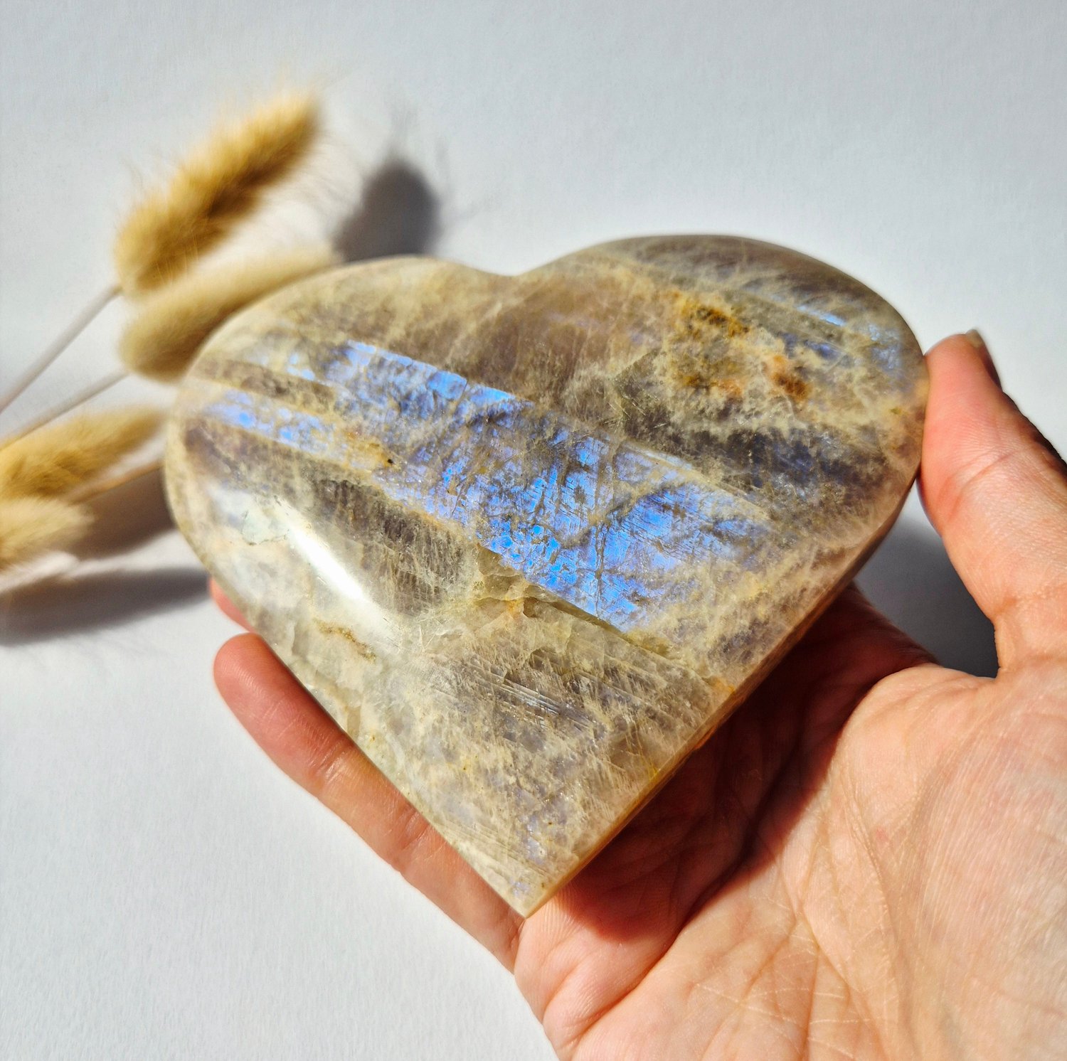 Moonlight Gemstones XL Flashy Blauwe Maansteen Hart – 339 gram Edelsteen Moonstone Meerkleurig