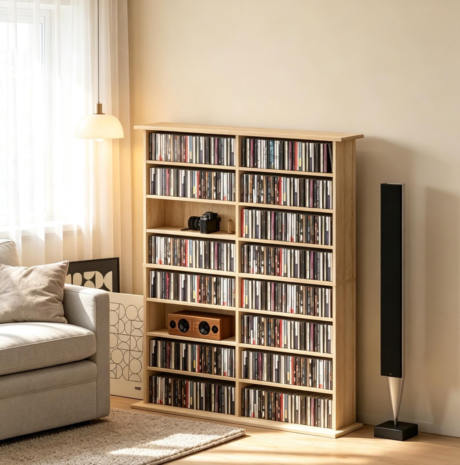 MODENUIT Cd- en Dvd-opbergkast - 12 Verstelbare Planken - Voor Media - Naturel Spaanplaat - 106,5x24x126,3 Cm Naturel hout