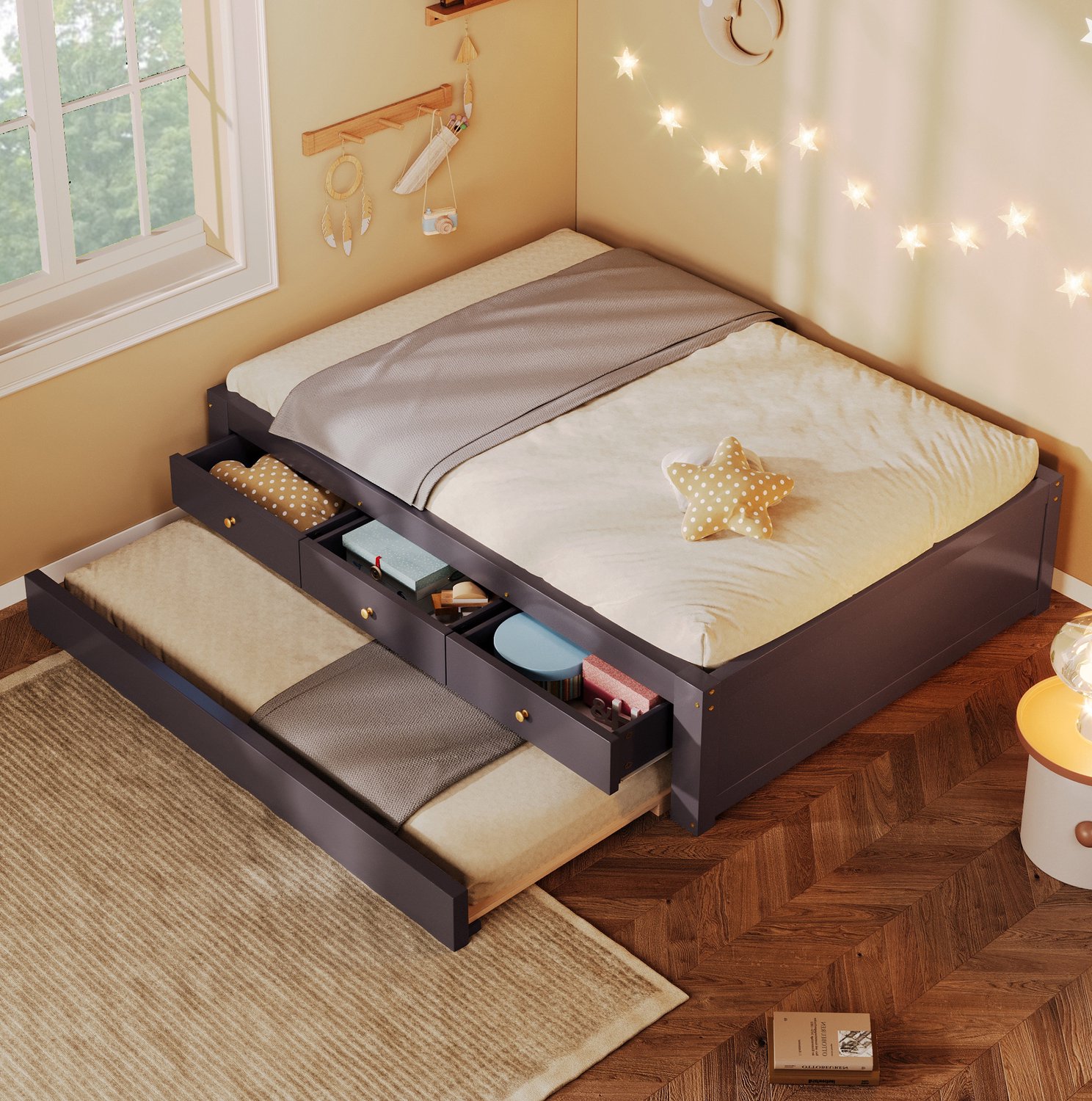 MODFU Eenpersoonsbed - 3 Lades - Uitschuifbaar Logeerbed - MDF En Hout - Bruin - 90 X 200 Cm Koffiebruin