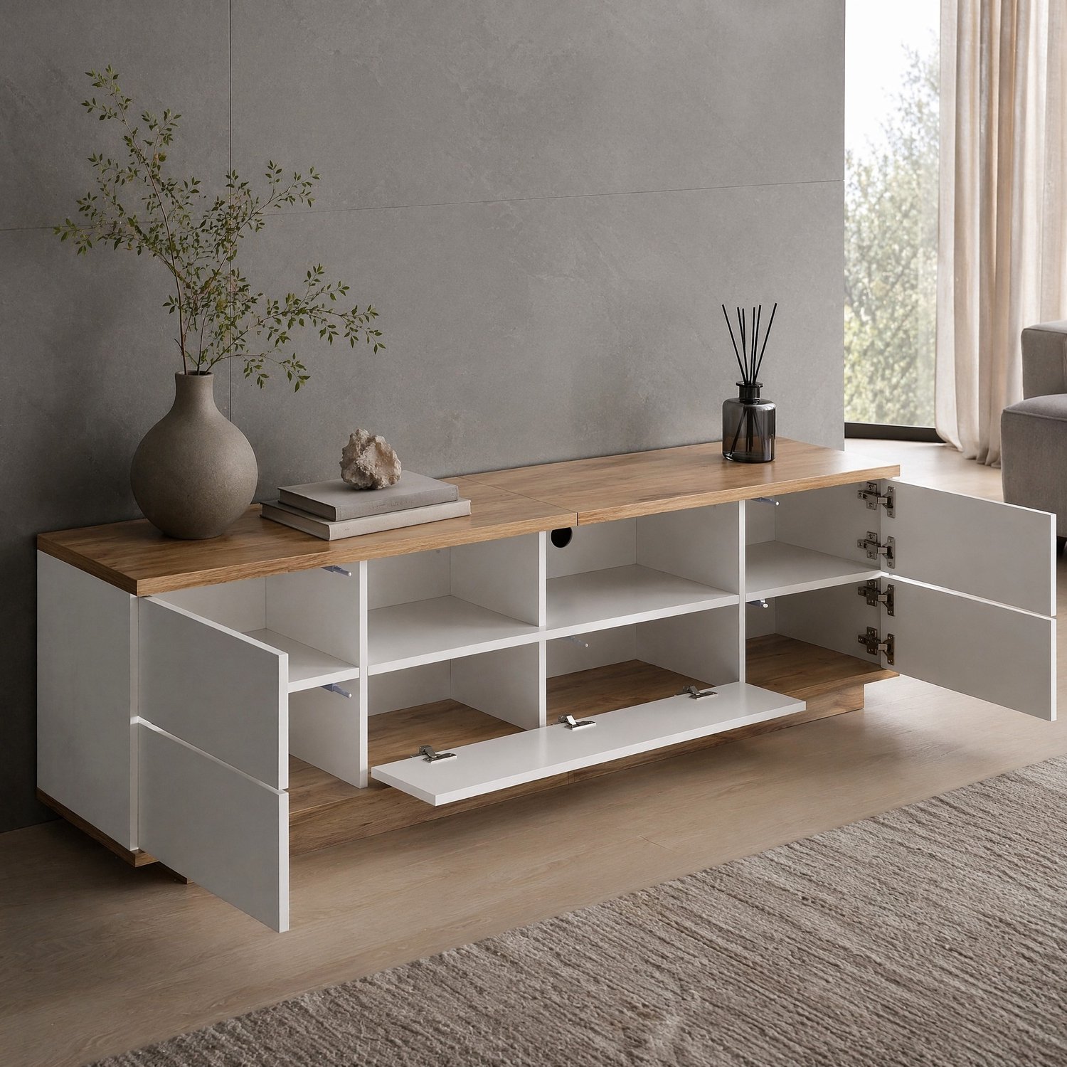 Maisentiel Tv-meubel 180 x 38 x 46 cm - wit en houtkleurig - MDF - 5 deuren en 2 open vakken