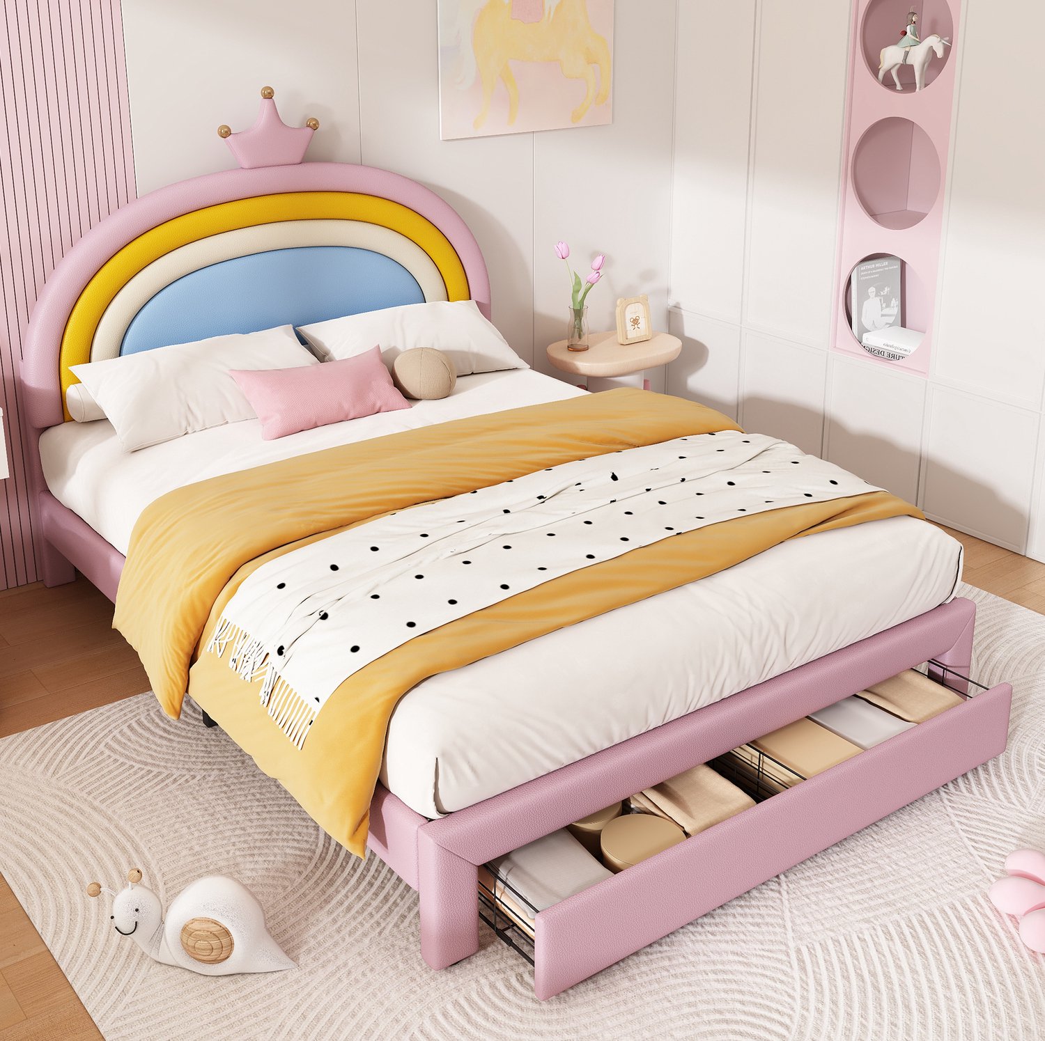MODFU Kinderbed - Verstelbaar Hoofdeinde - Bedlade - Regenboog En Kroon - Roze - 140 X 200 Cm
