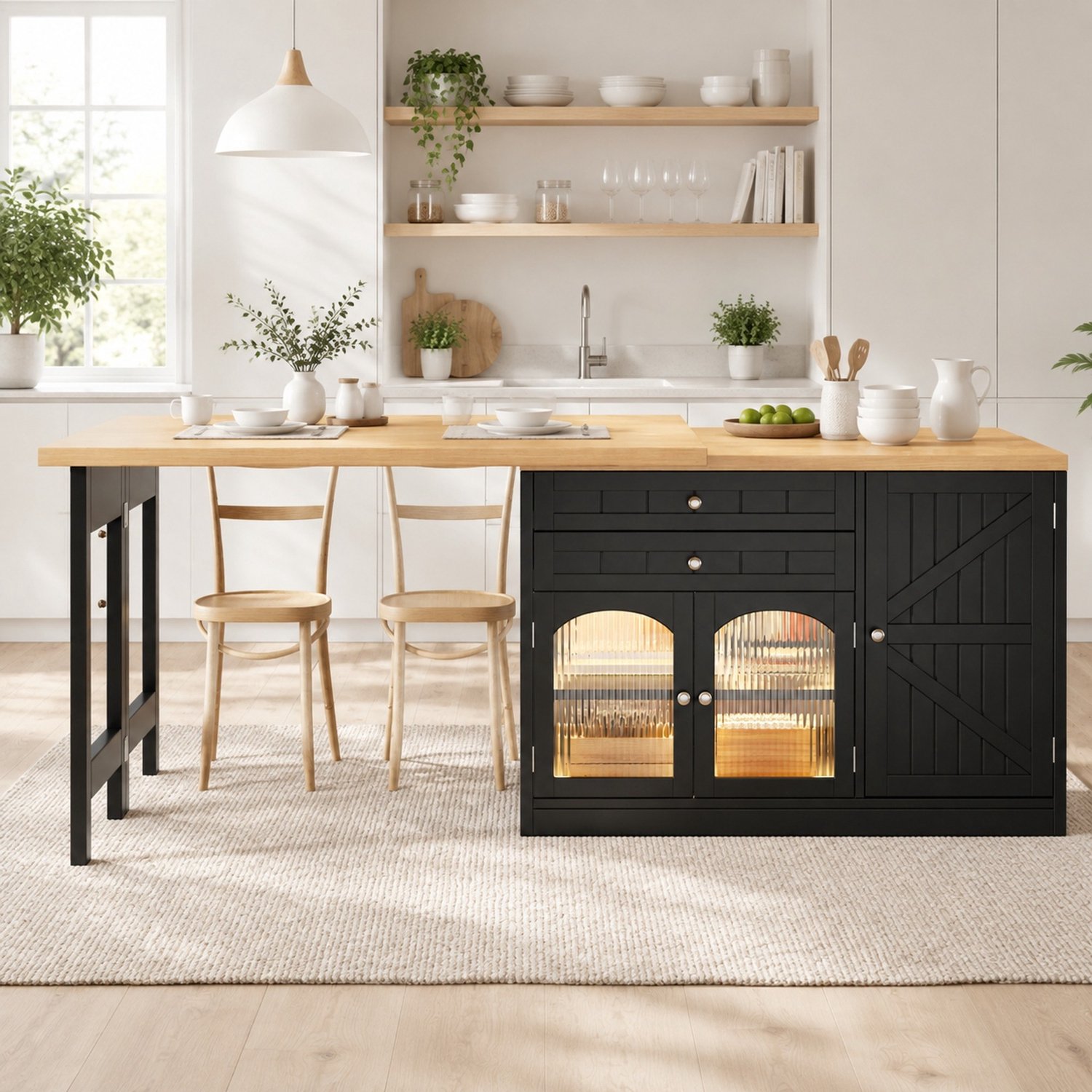 Maisentiel Uitschuifbare eettafel met draaibaar blad en opbergkast - 120-194 cm - zwart