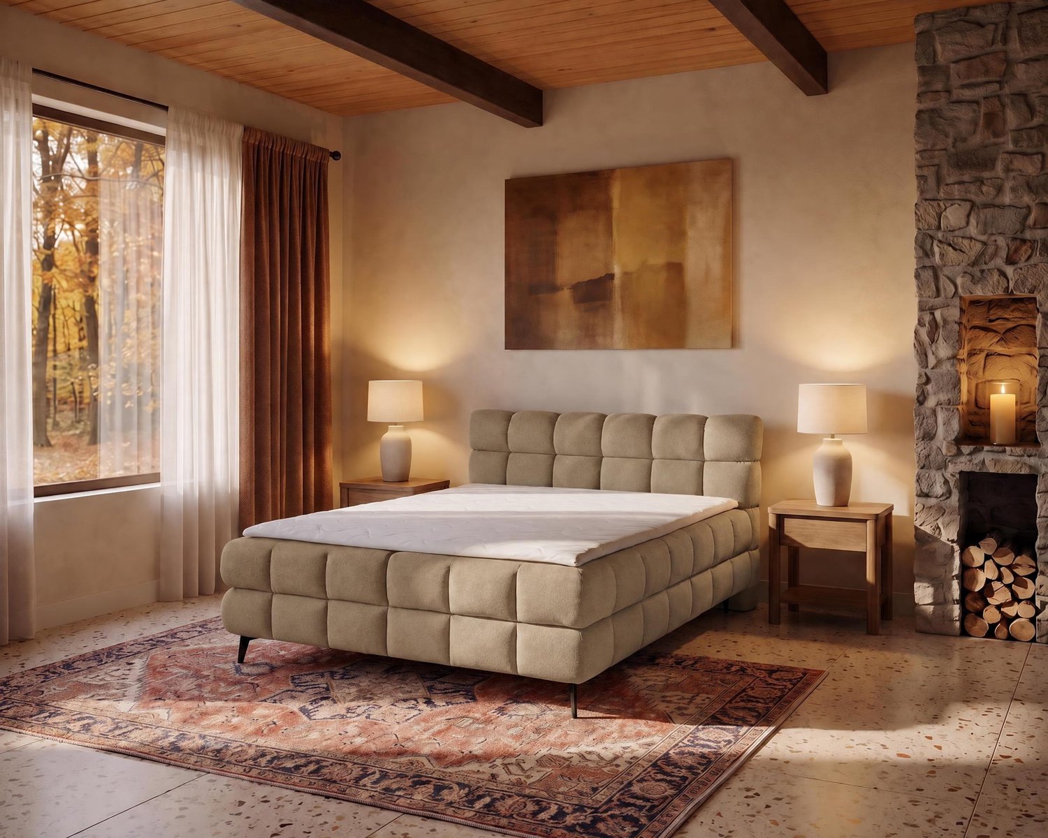 Homesy MERANO boxspring 140 x 200 cm, Beige, met topper en opbergruimte