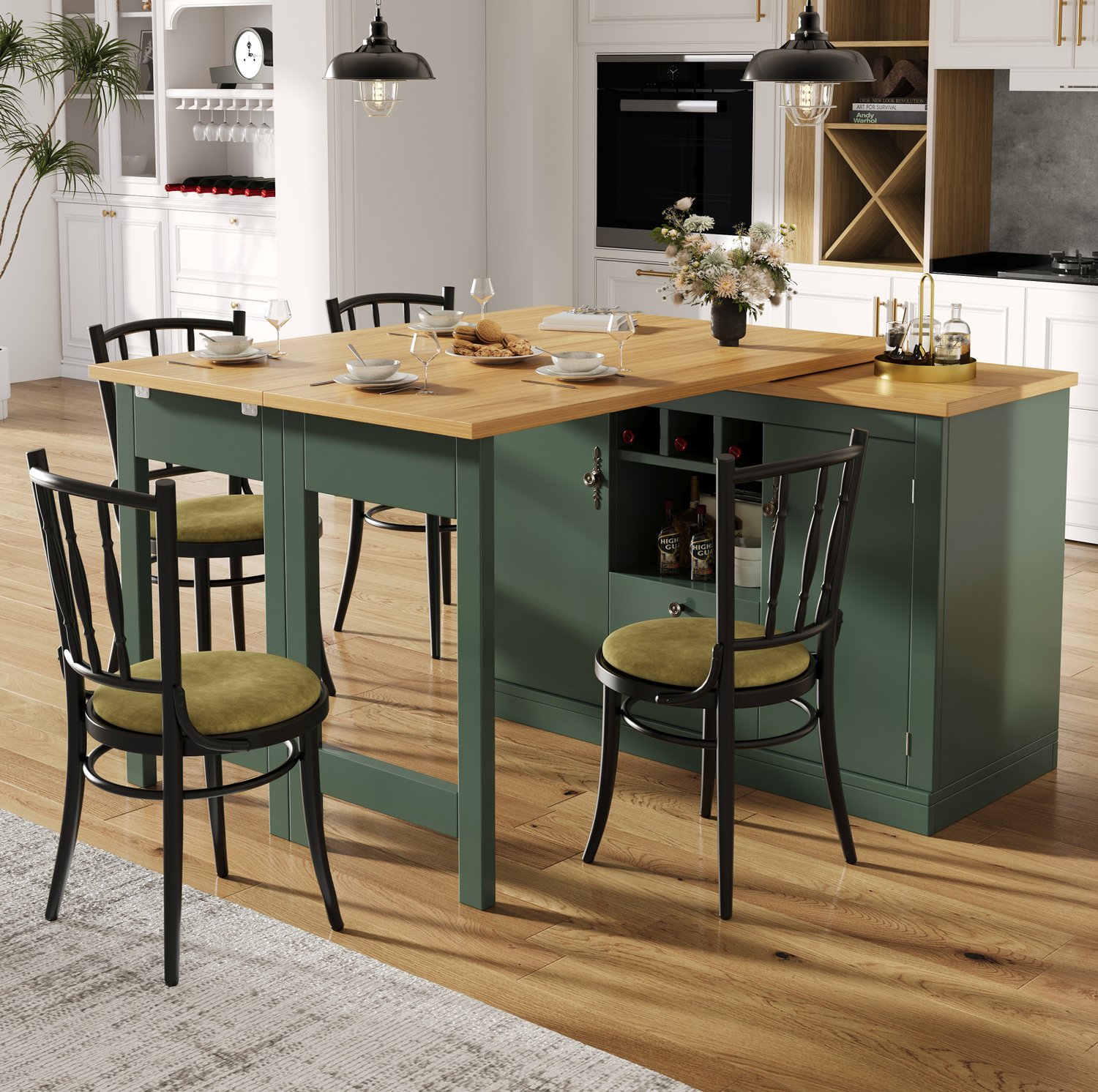Maisentiel Uitschuifbare bartafel met opbergruimte en wijnrek - antiekgroen - 120-180 cm Donkergroen