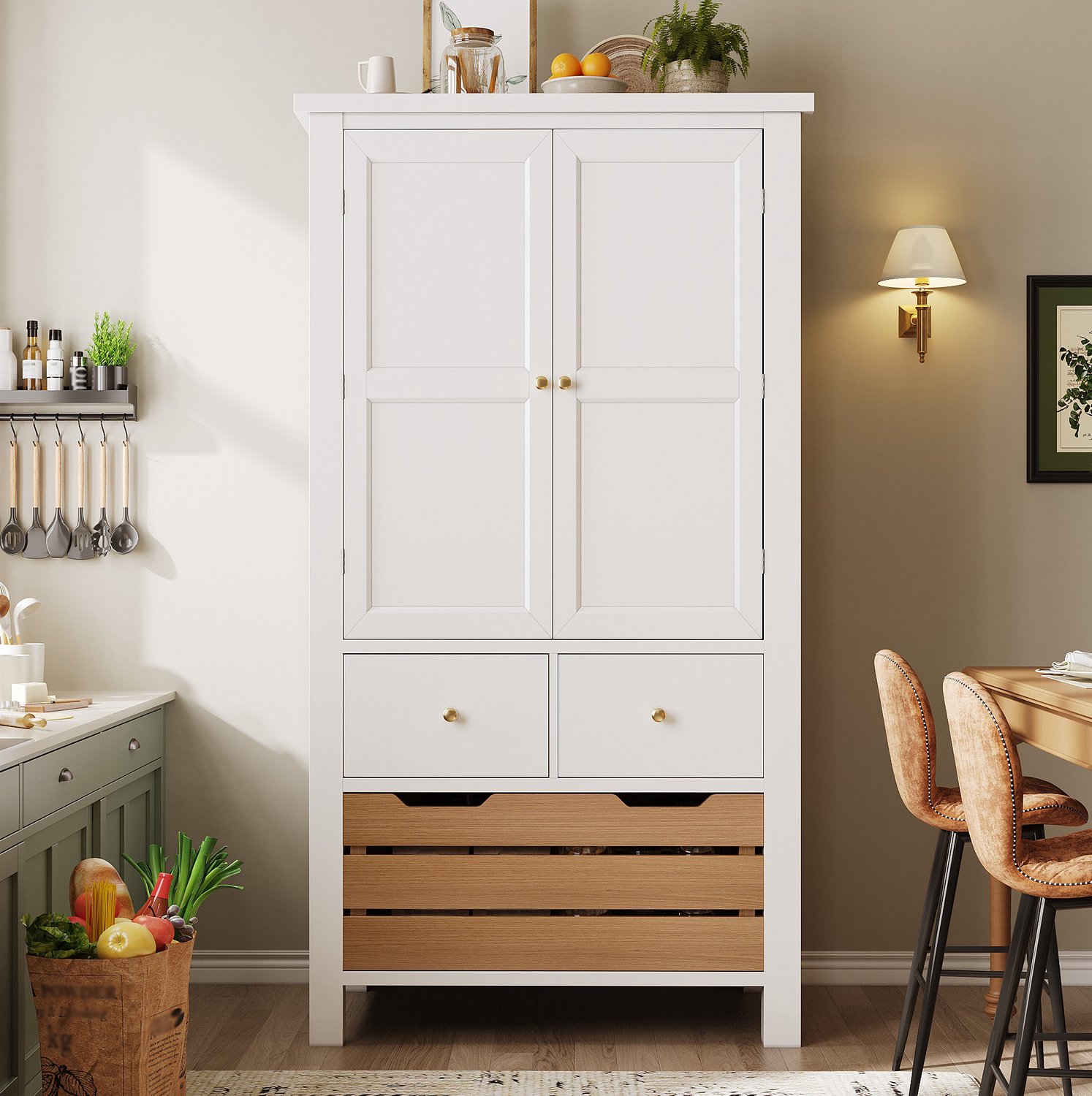 Maisentiel Witte buffetkast 80 x 40 x 140 cm met 2 deuren, 5 laden en 2 vaste planken