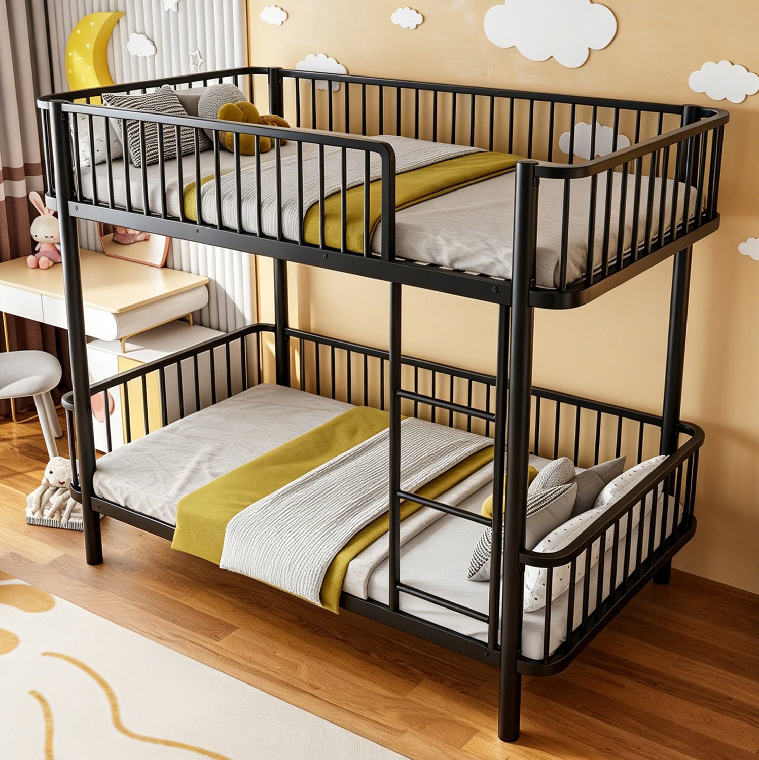 MODFU Metalen Stapelbed - Afgeronde Hoeken - Veiligheidshekken - Zwart - 90 x 200 cm