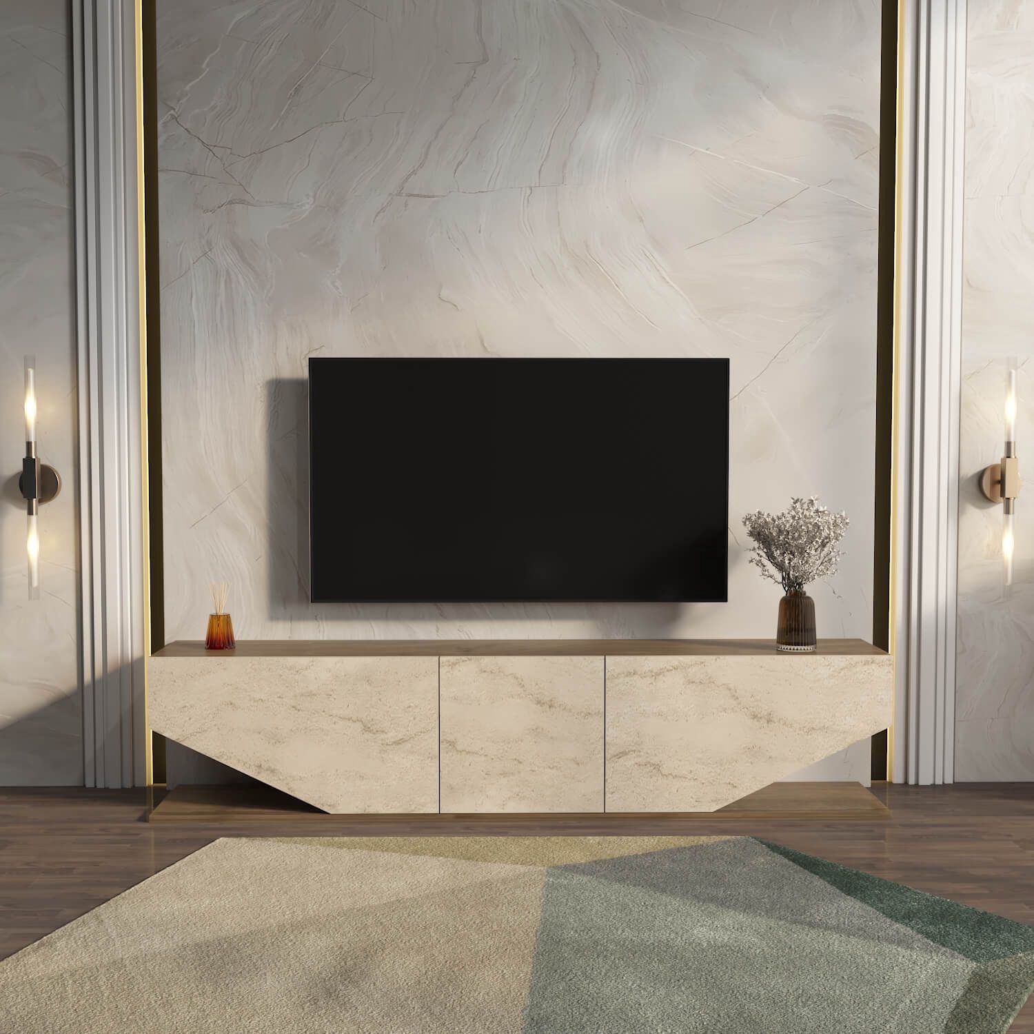 Decorotika TV Meubel 180 cm – Walnoot en Travertinlook – Modern Televisiemeubel met Opbergruimte – Luxe TV Kast voor Woonkamer