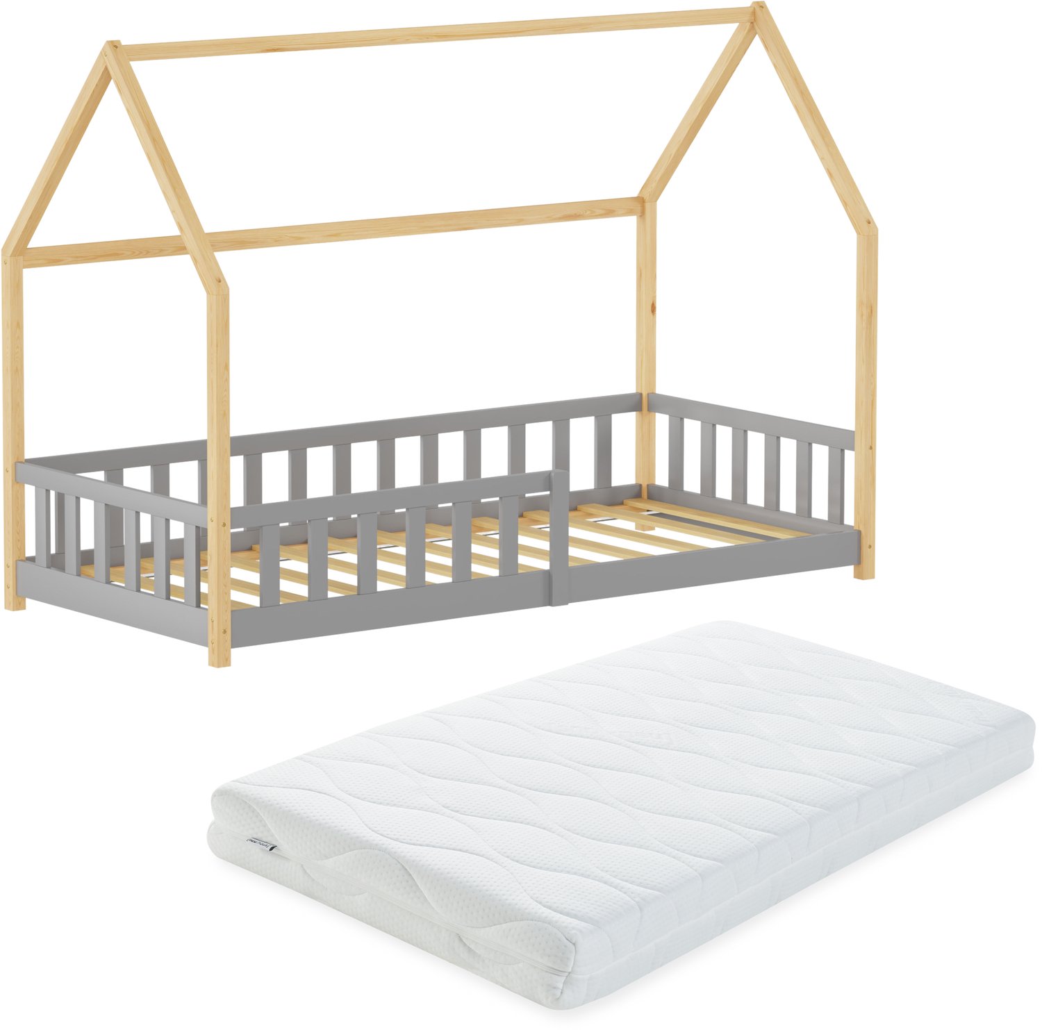 en.casa Montessori bed Hesel met valbeveiliging en matras 90x200 cm grijs naturel [en.casa] grijs en naturel