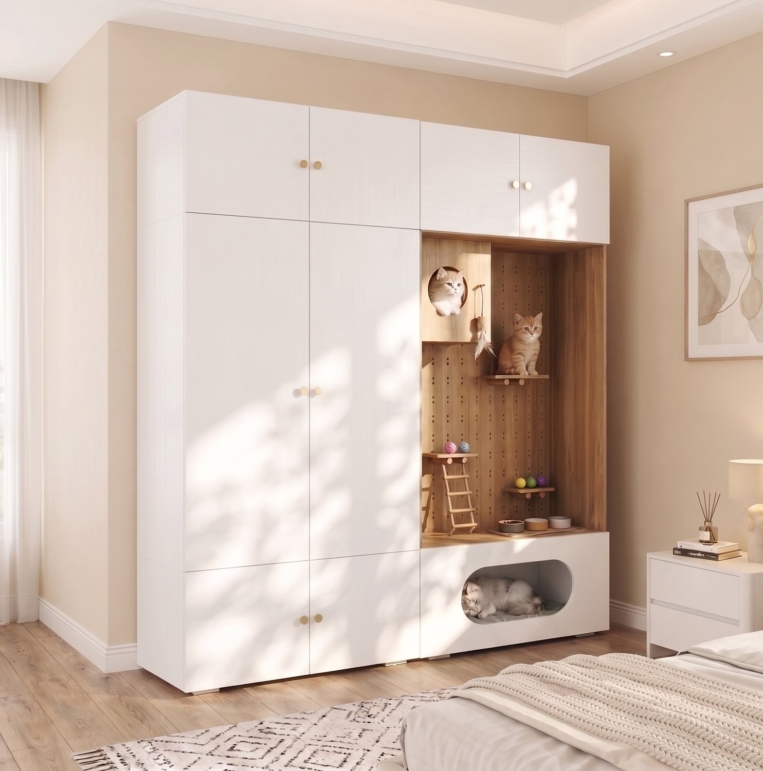 HAUSS SPOLE Kledingkast - Met Kattenklimwand En Kledingroede - Voor Slaapkamer, Woonkamer En Hal - Spaanplaat - Wit En Houtlook - 180x50x200 Cm Wit, houtkleur