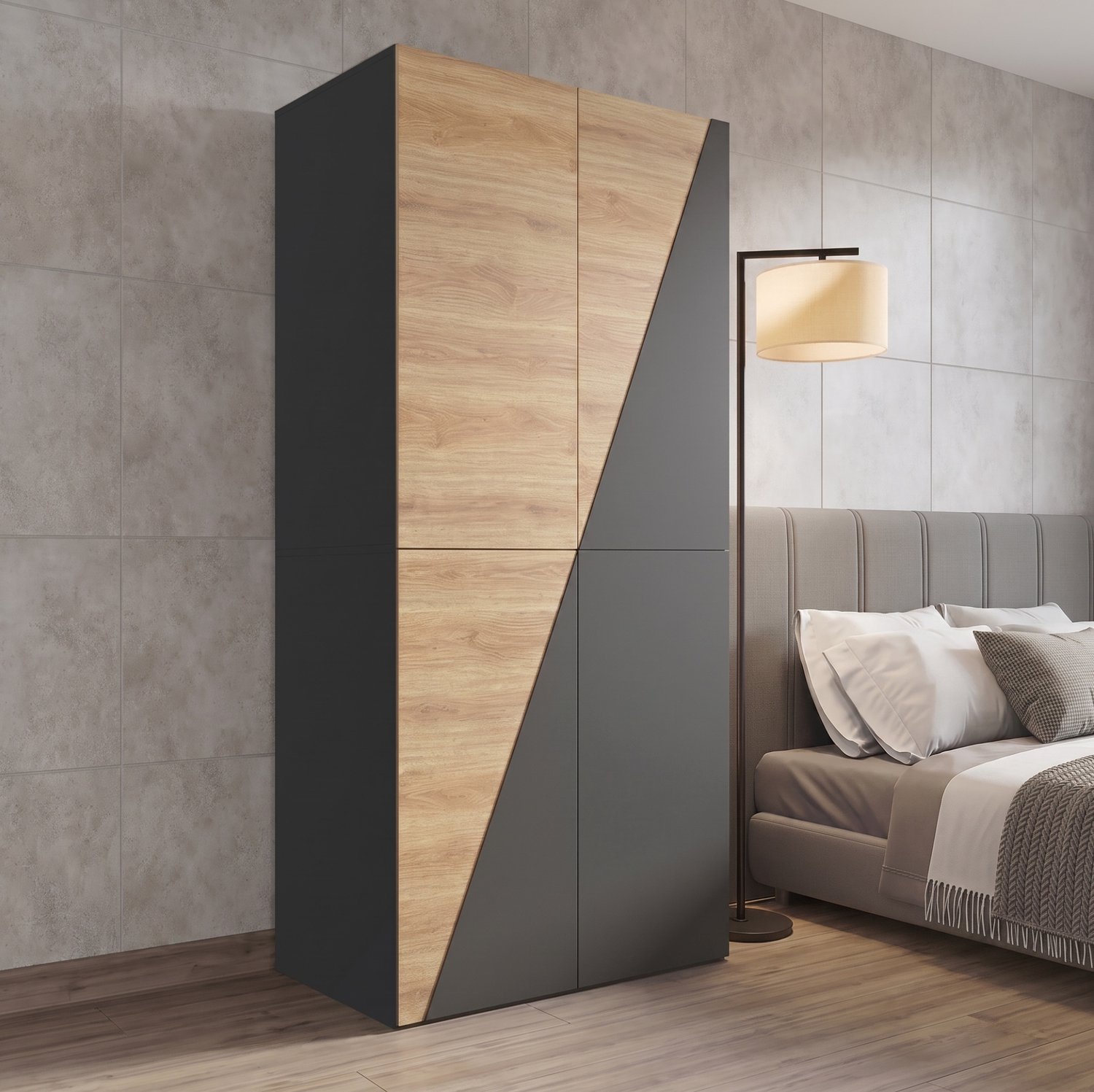 HAUSS SPOLE Kledingkast - Met Kledingroede, Broekenhouder En Lades - Voor Slaapkamer En Kantoor - Mdf En Staal - 90x50x200 Cm - Houtkleur En Grijs