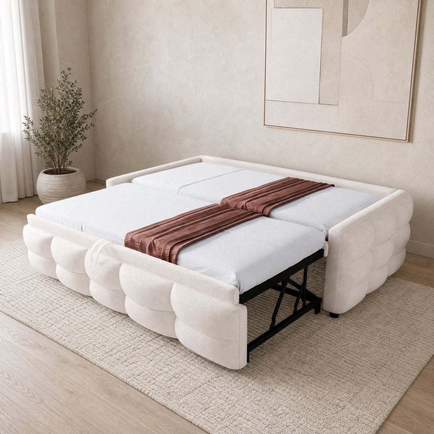 Maisentiel Uitschuifbaar gestoffeerd bed 90/180 x 190 cm - teddy stof - beige - met lattenbodem