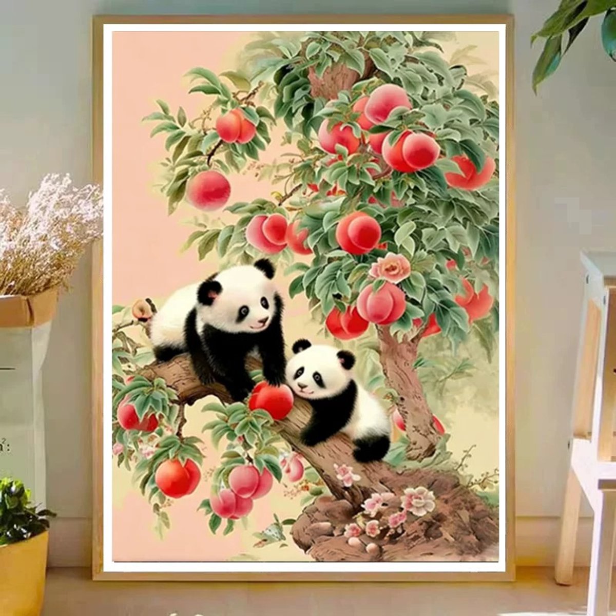 DIY kruissteekborduurpakket/Panda en Perzik/gedrukt kruissteekpatroon borduurpakket (frame niet inbegrepen) 60*80CM