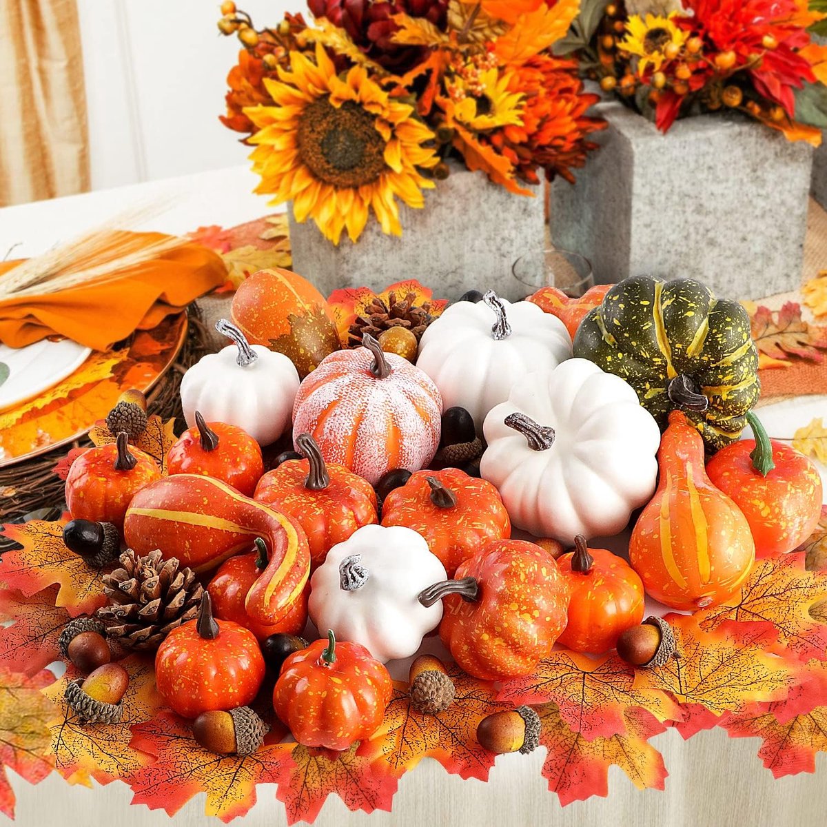 Benjia 102Pcs Assorted Mini Artificial Pumpkins Autumn Decoration Set Small Fake Pumpkins Pumpkins Maple Leaves Pine - ShopVlot