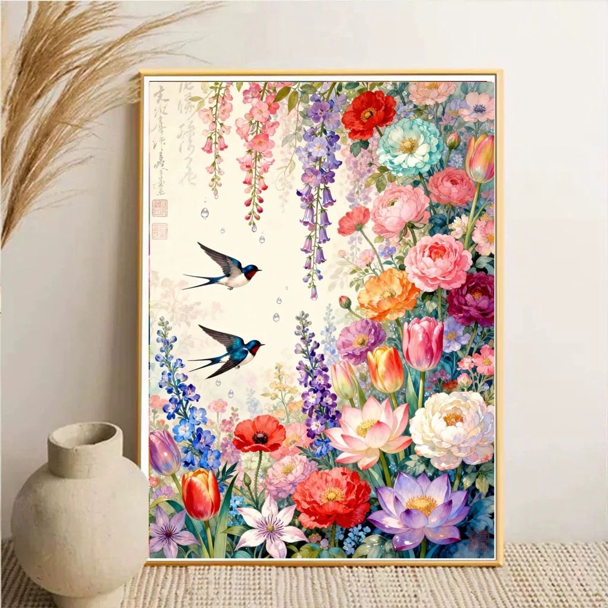 DIY kruissteekborduurpakket/Bloemen en Zwaluwen/gedrukt kruissteekpatroon borduurpakket (frame niet inbegrepen) 50*67CM