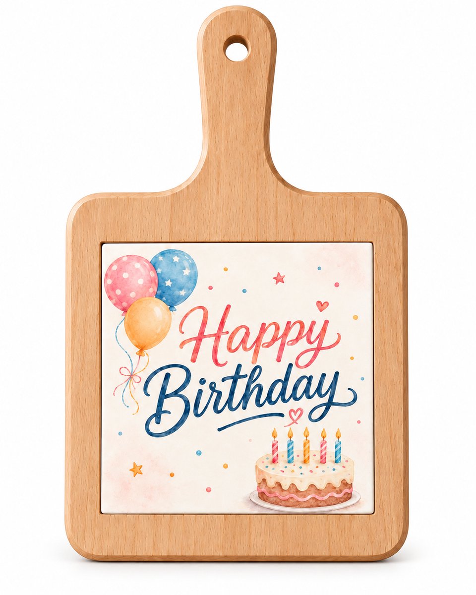 Kaasplank Happy Birthday – Met Keramische Tegel – Houten Serveerplank 18 x 31 cm – Verjaardag Cadeau